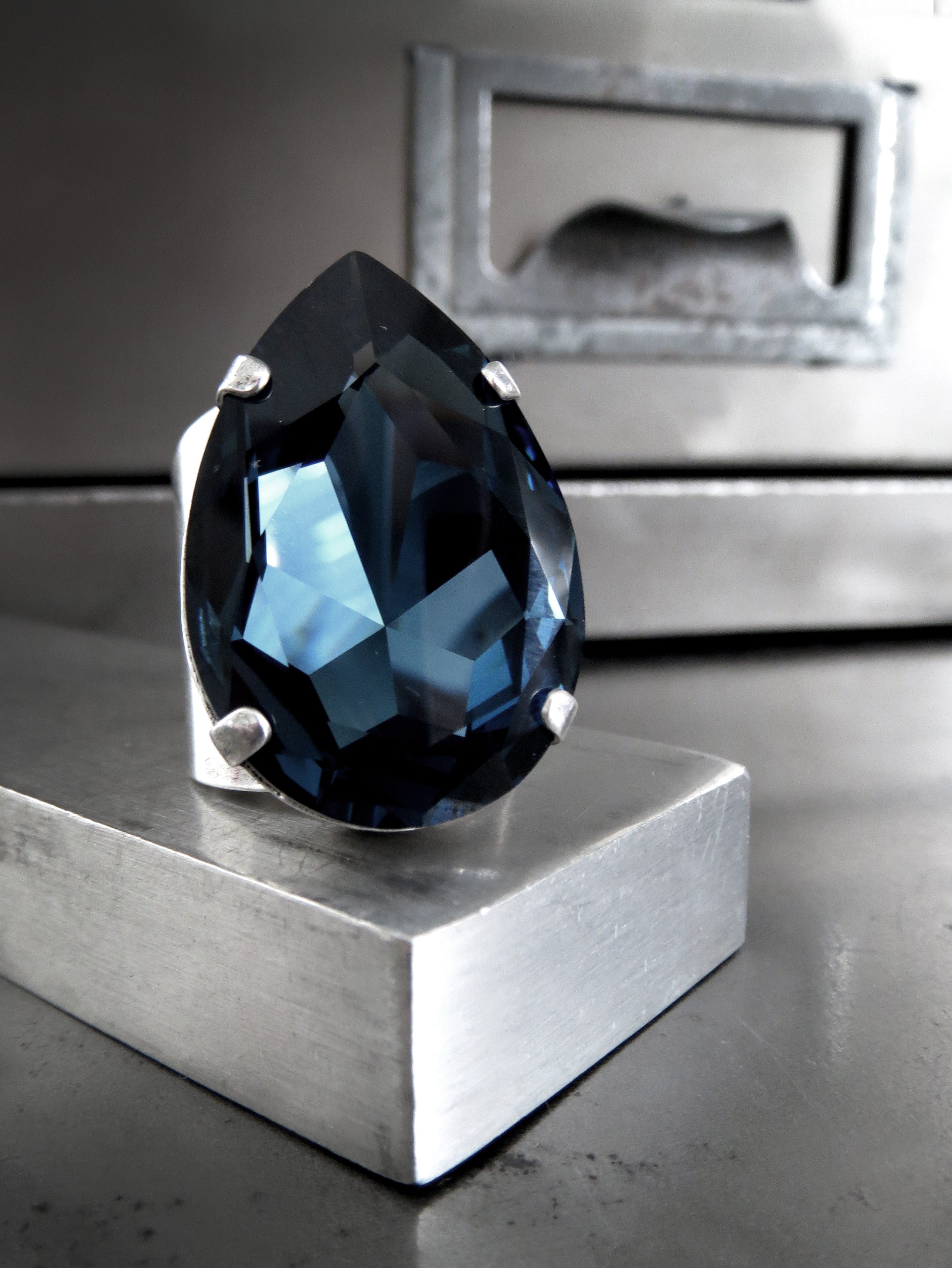 DUSK - Large Midnight Blue Teardrop Crystal Ring