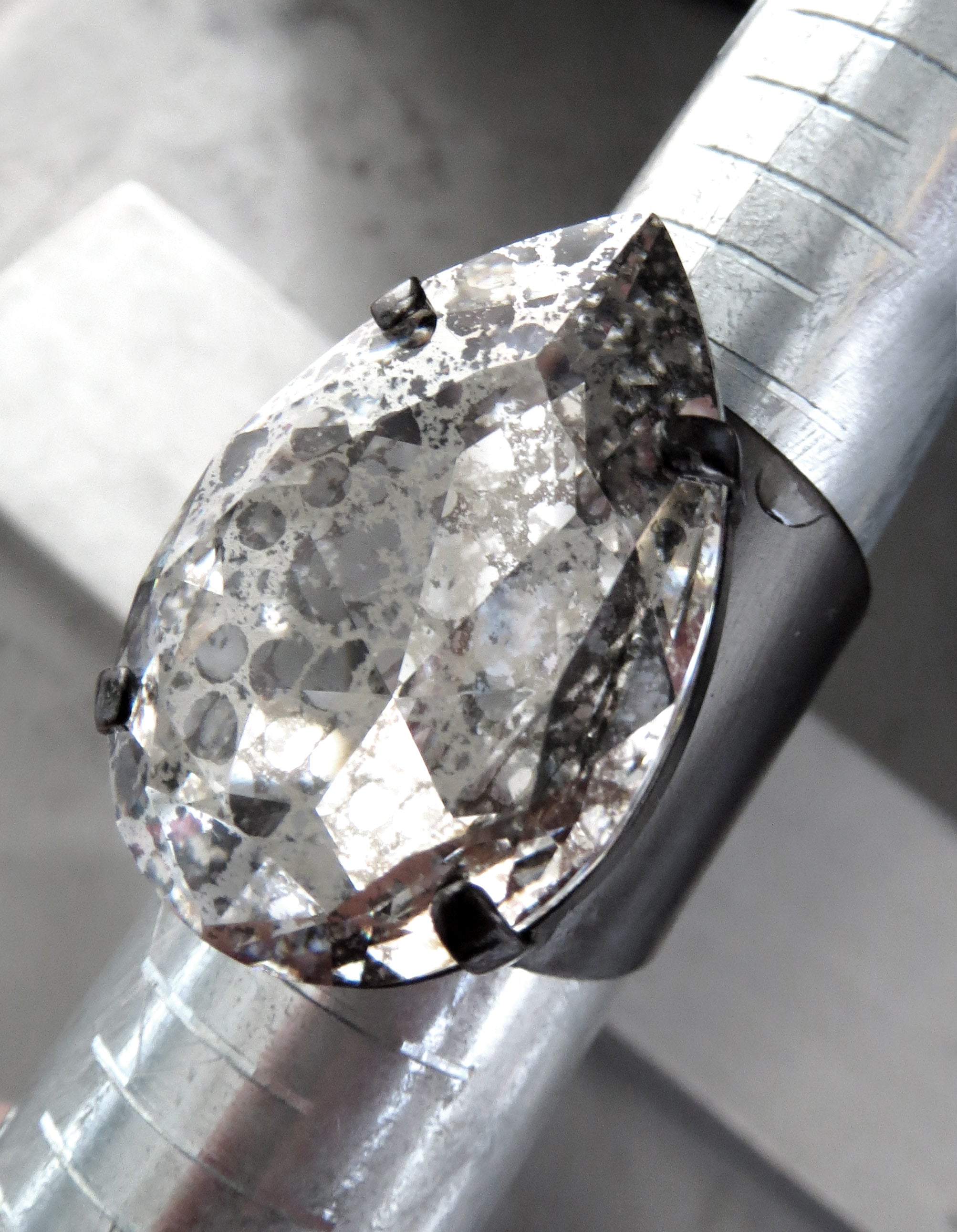 BEWITCHED - Large Modern Teardrop Silver Patina Crystal Ring