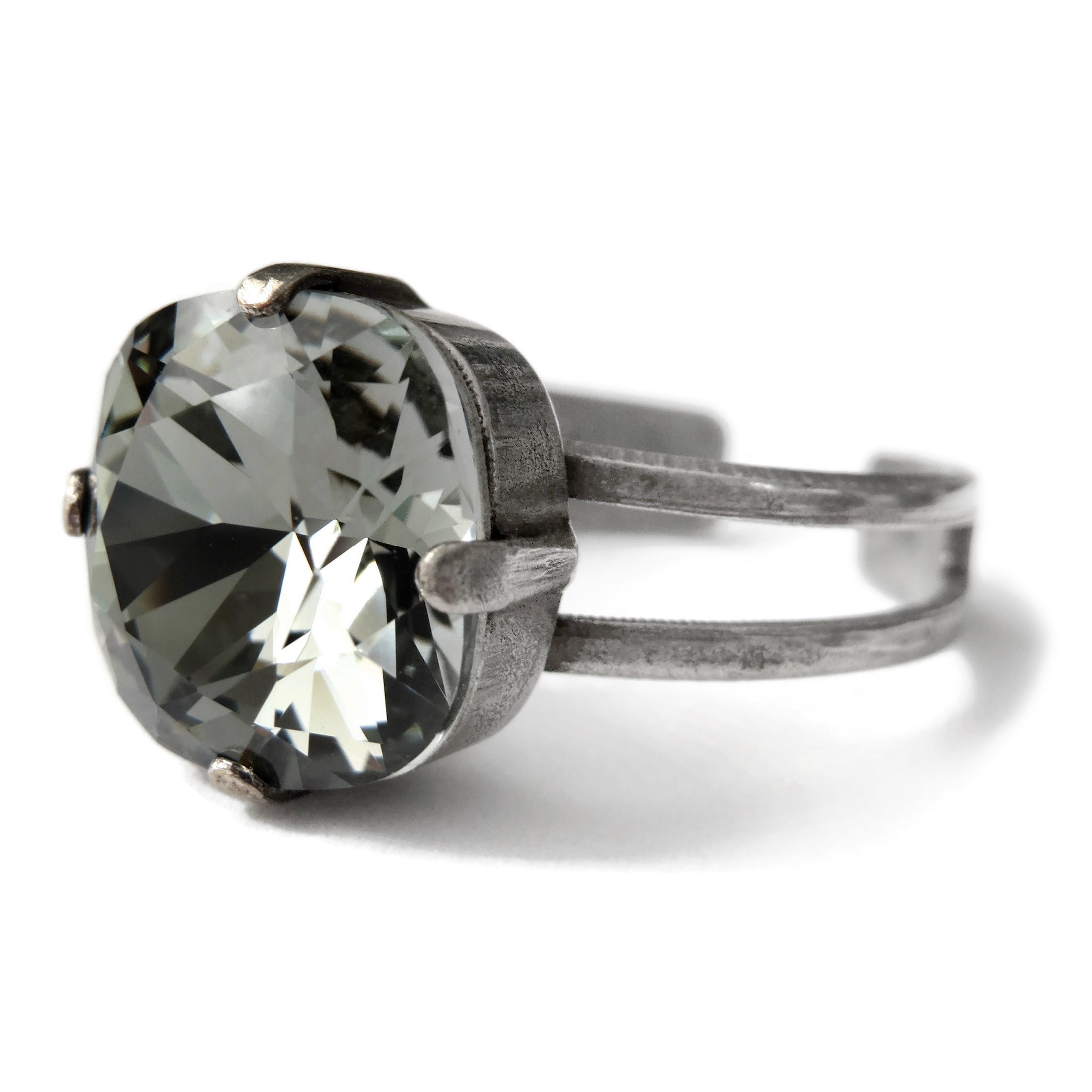 Square Crystal Ring in 'Black Diamond' Soft Grey