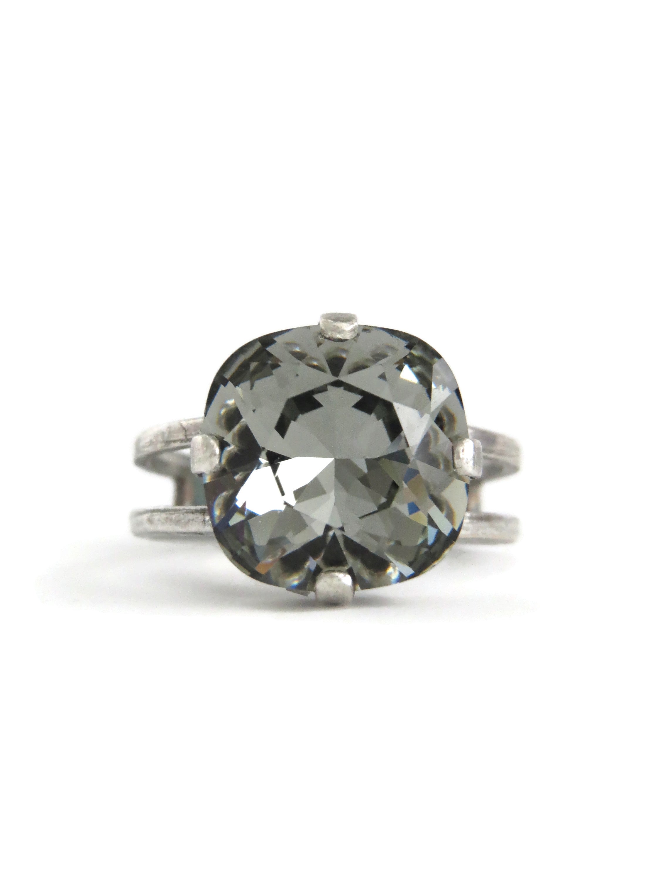 Square Crystal Ring in 'Black Diamond' Soft Grey
