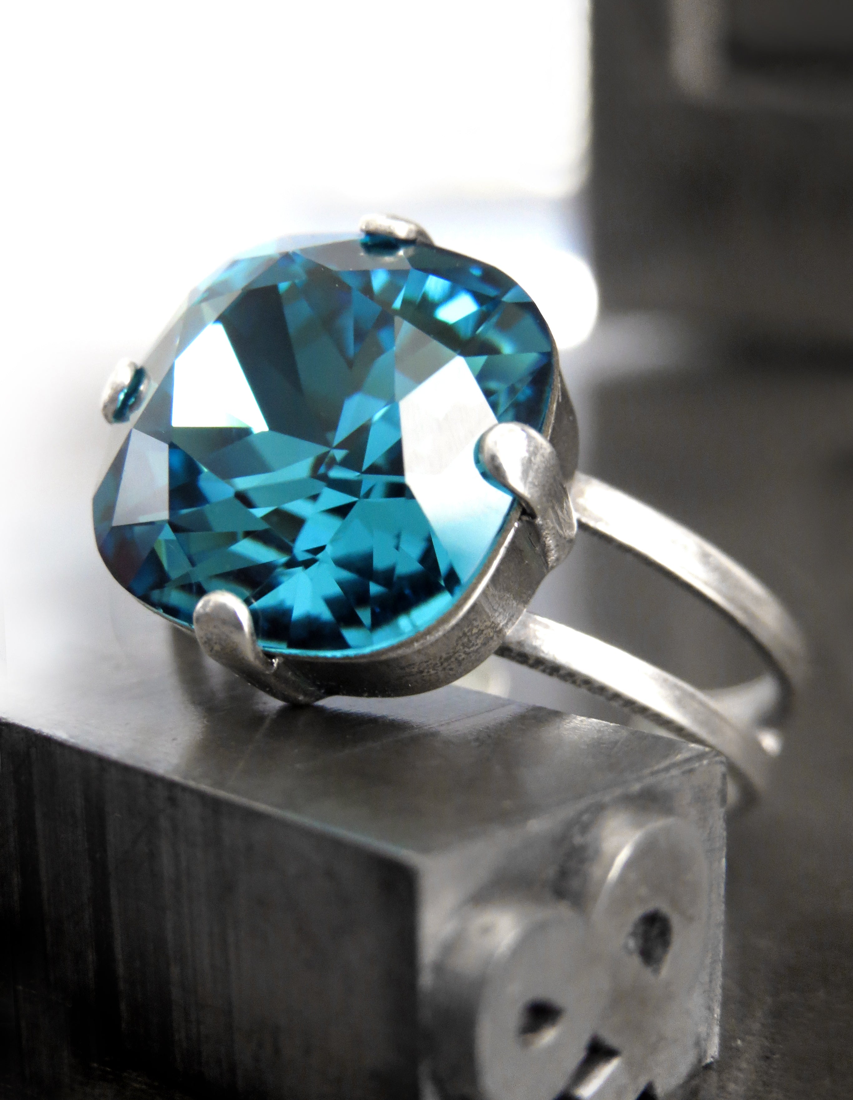 Indicolite Aqua Crystal Ring with Silver Adjustable Band