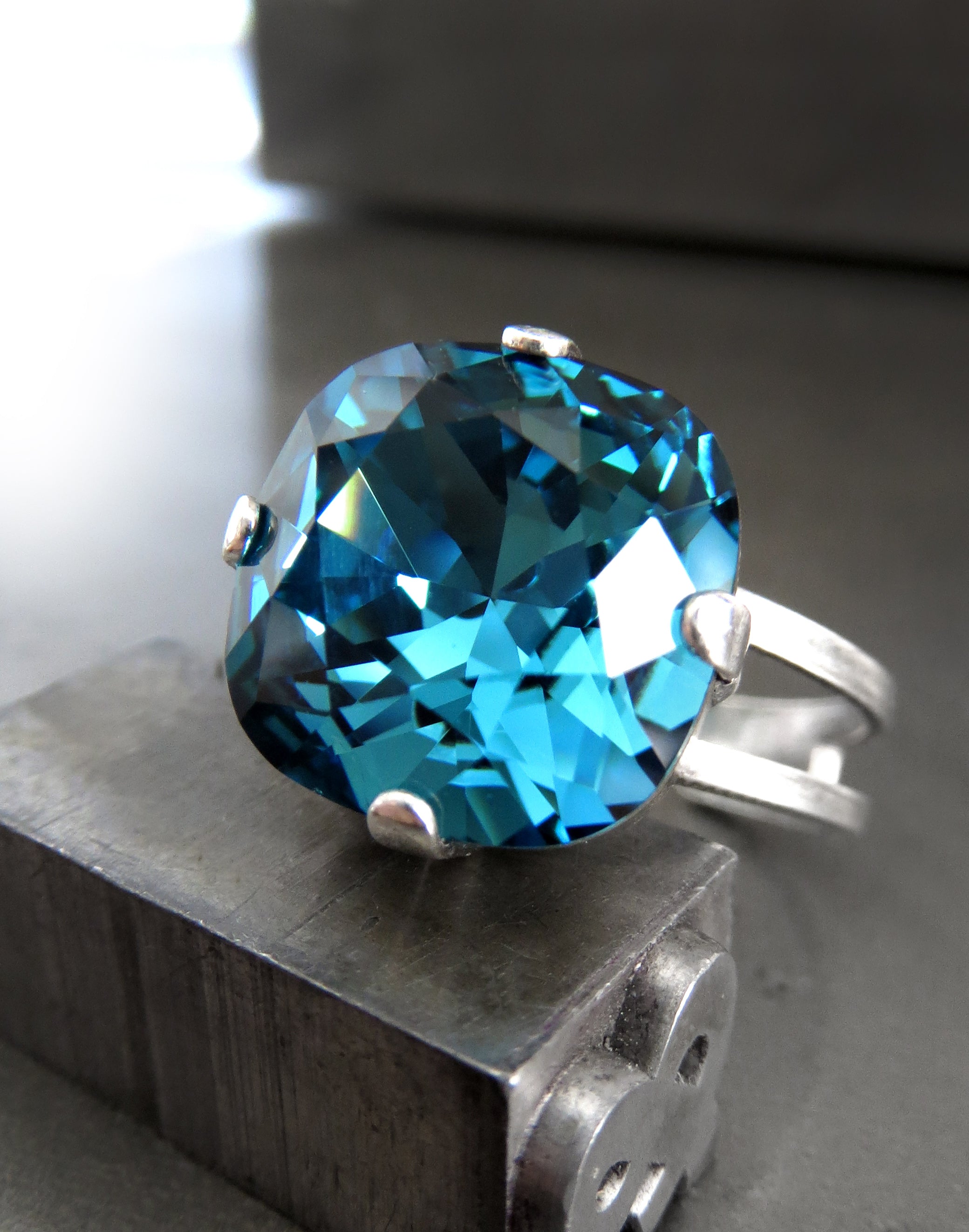 Indicolite Aqua Crystal Ring with Silver Adjustable Band