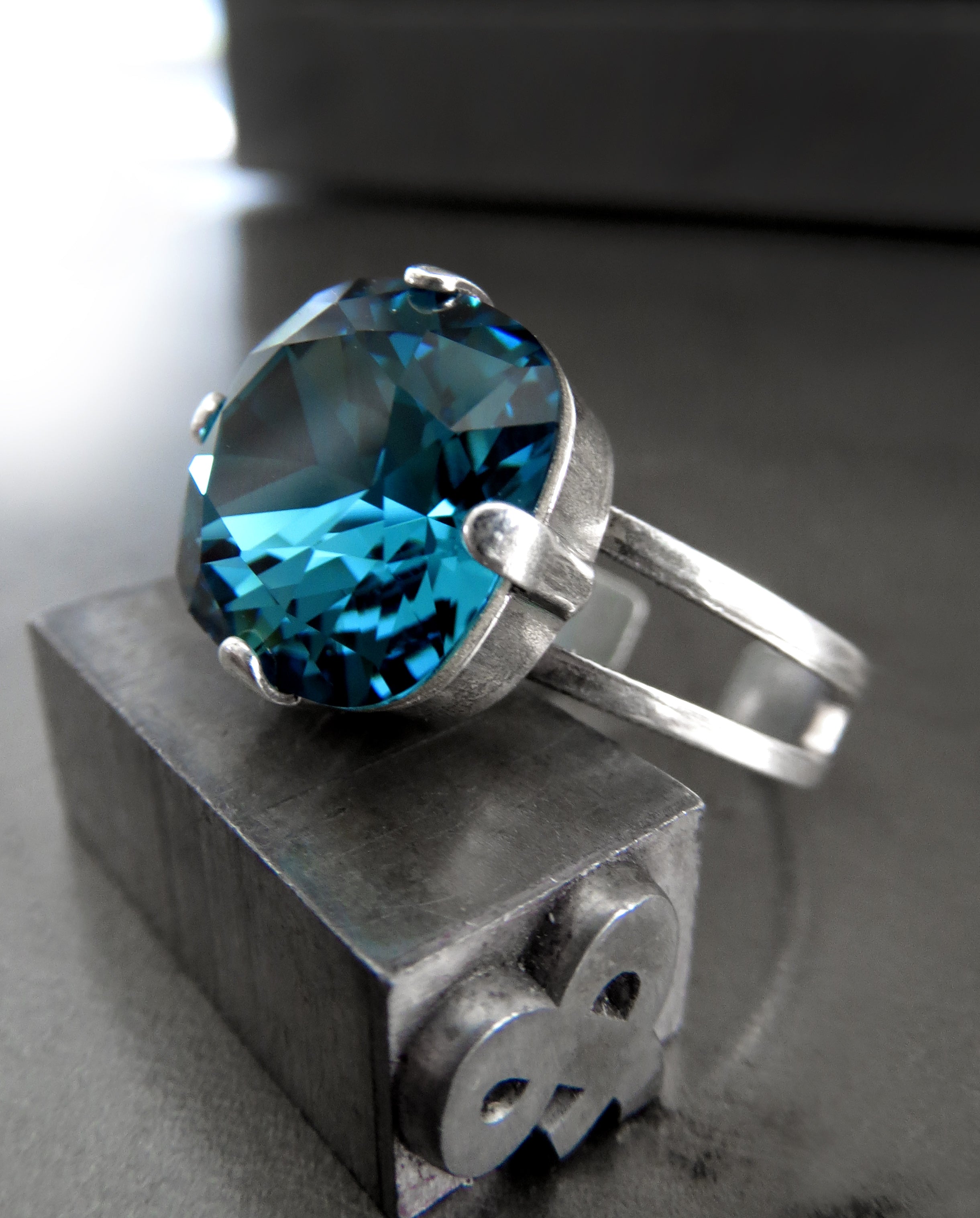 Indicolite Aqua Crystal Ring with Silver Adjustable Band