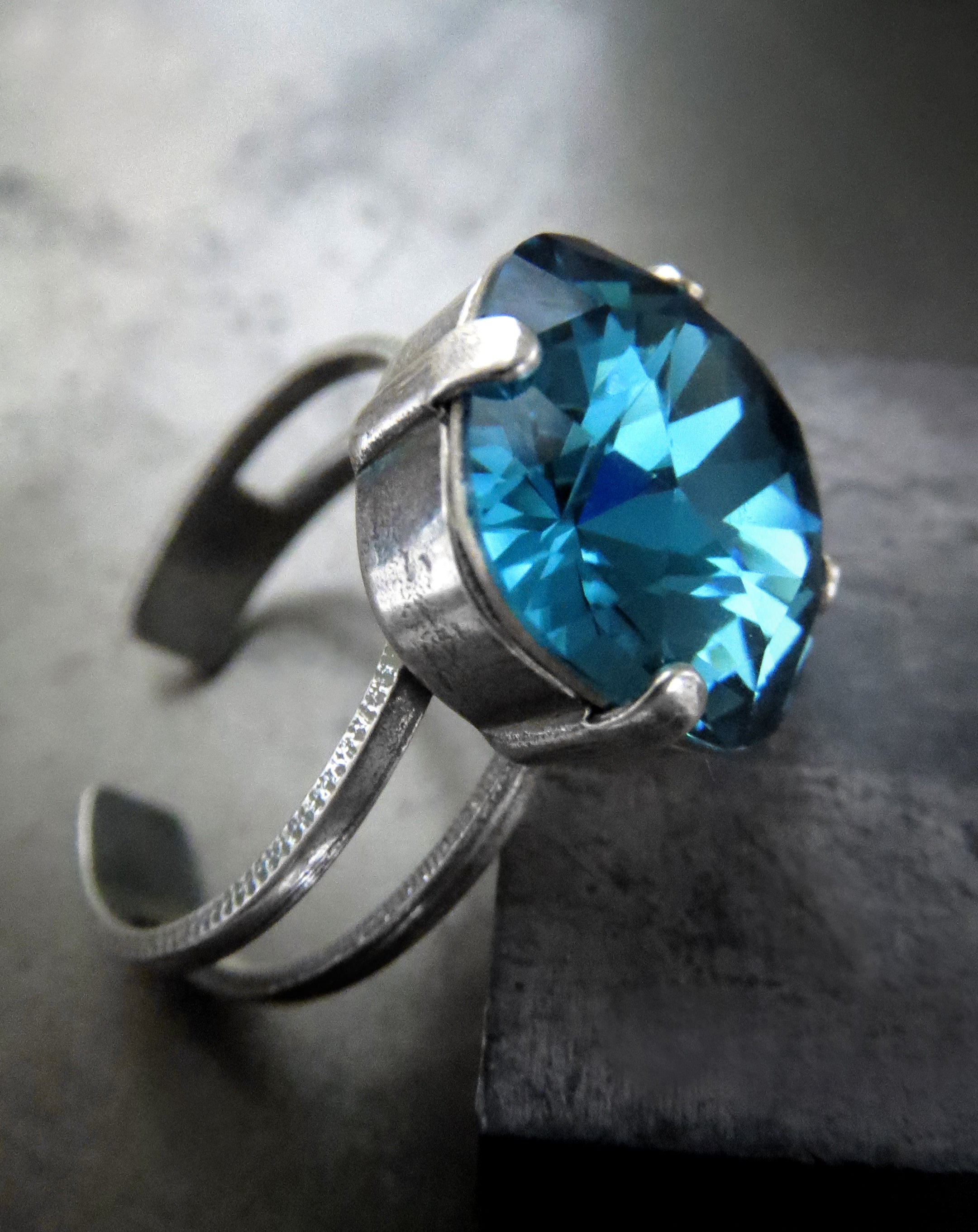 Indicolite Aqua Crystal Ring with Silver Adjustable Band