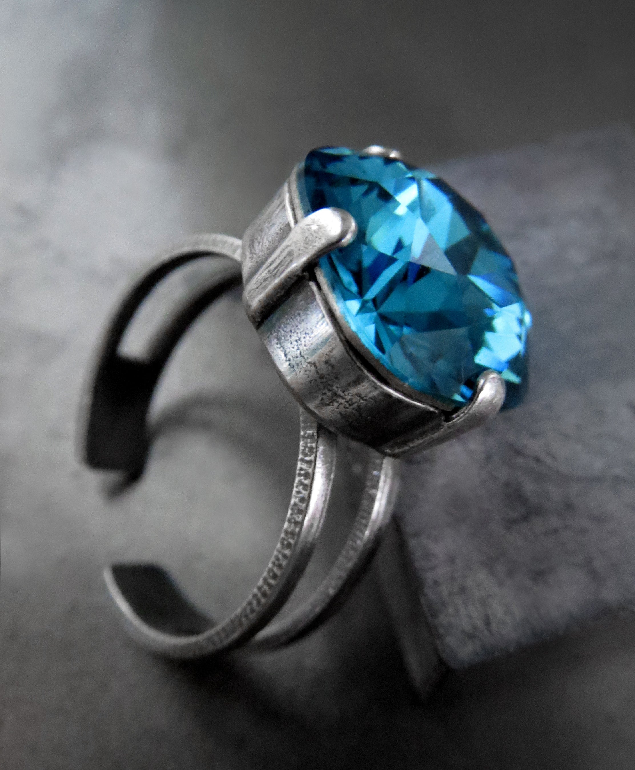 Indicolite Aqua Crystal Ring with Silver Adjustable Band