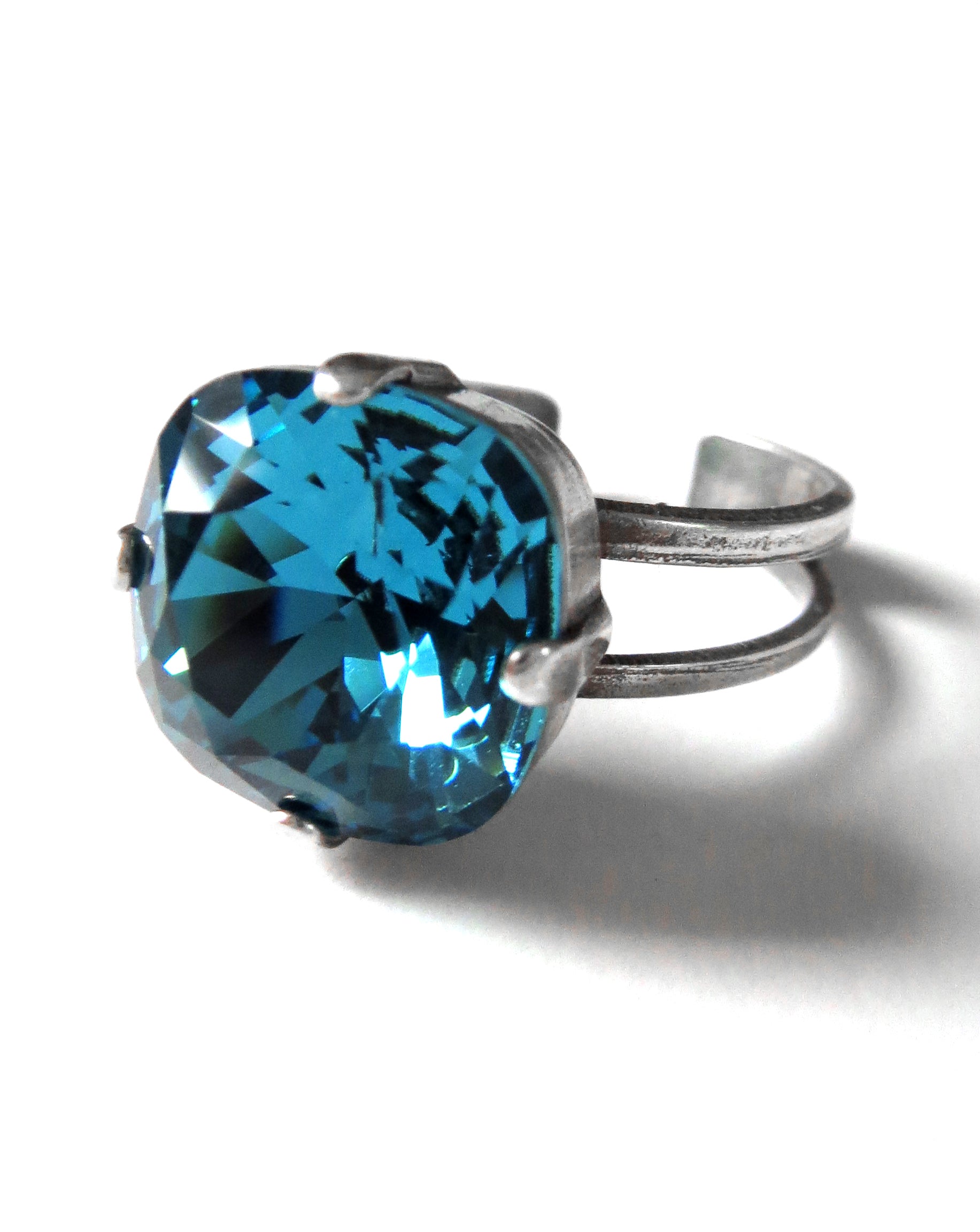 Indicolite Aqua Crystal Ring with Silver Adjustable Band