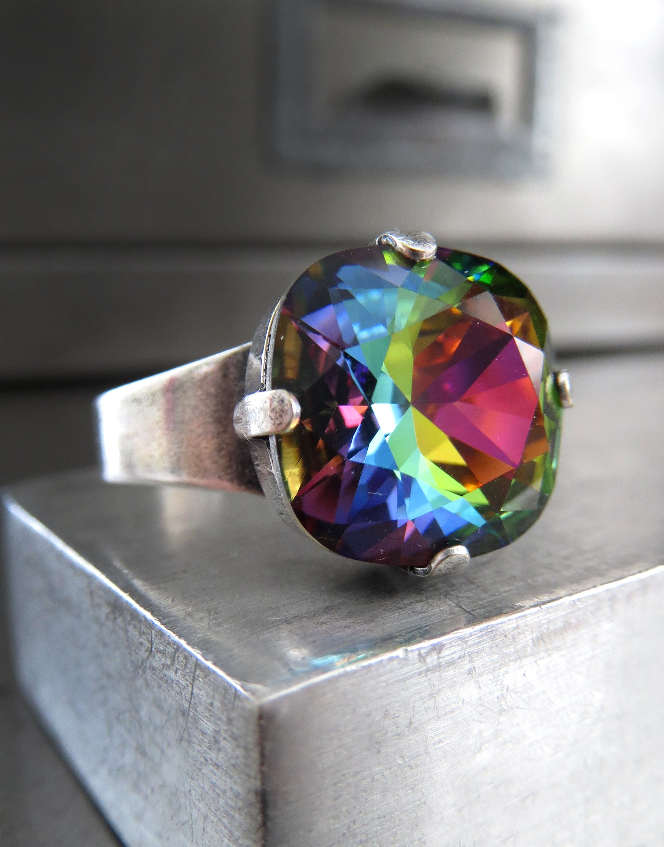 RAINBOW Crystal Ring with Antiqued Silver