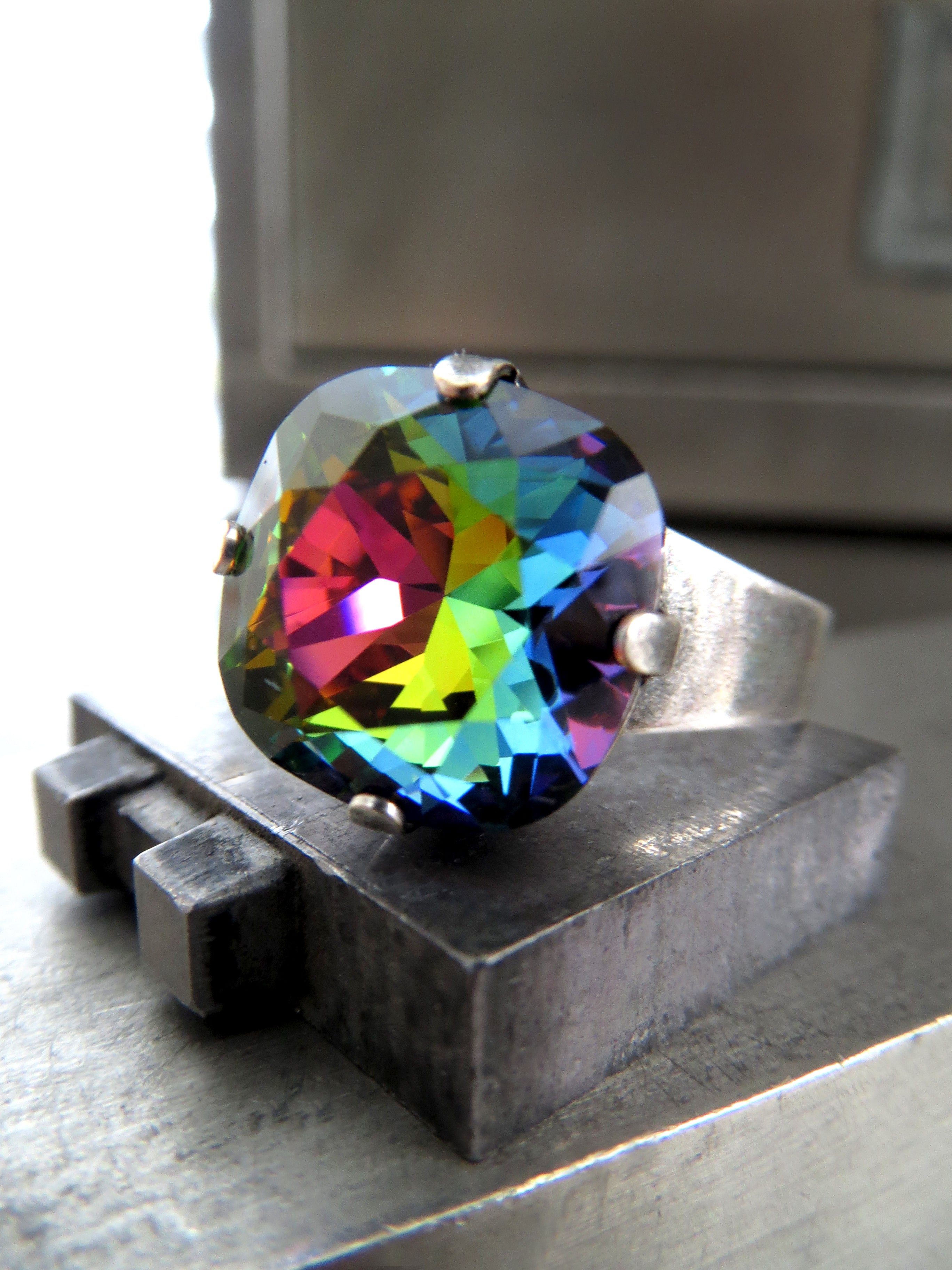 RAINBOW Crystal Ring with Antiqued Silver