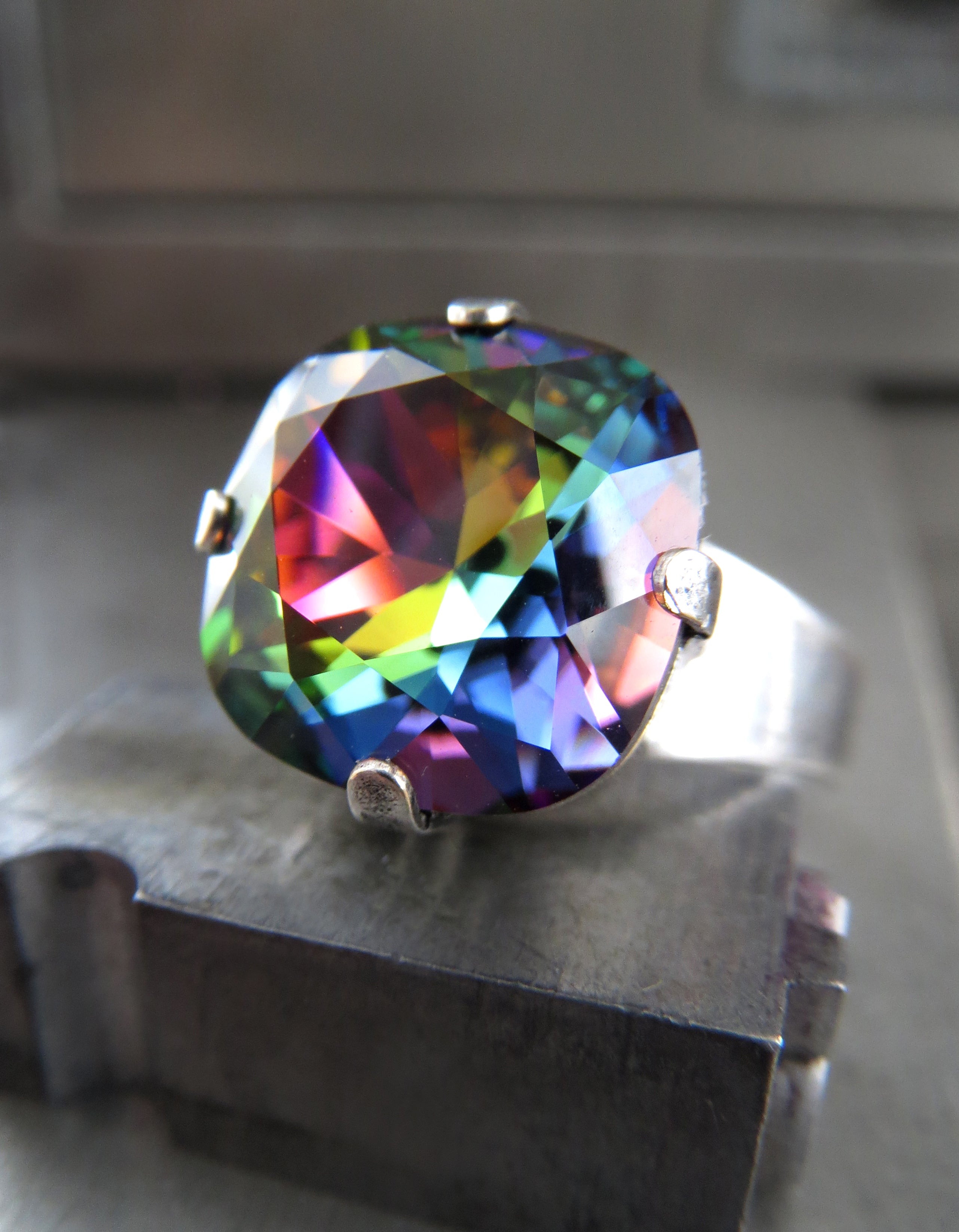 RAINBOW Crystal Ring with Antiqued Silver