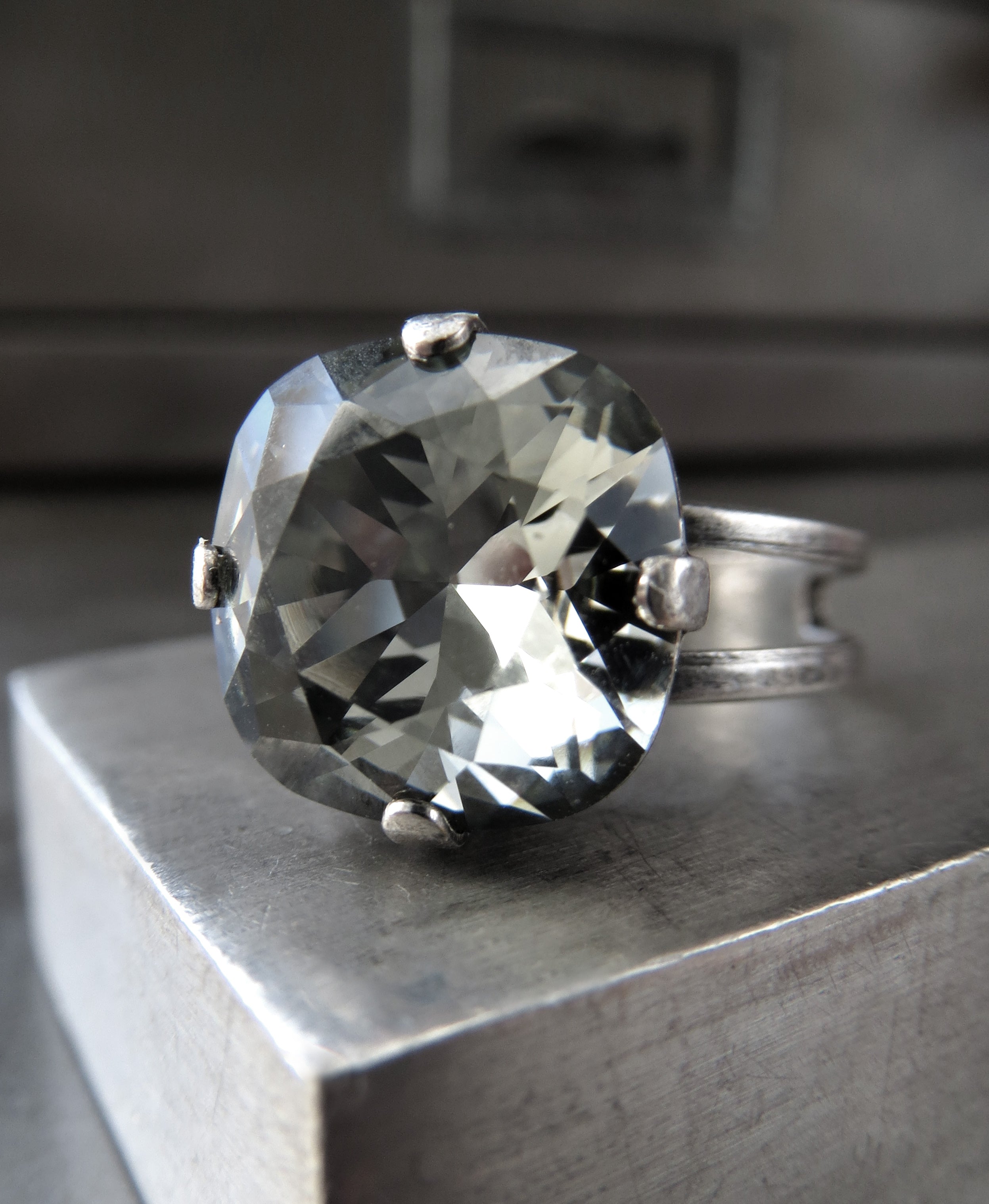 Square Crystal Ring in 'Black Diamond' Soft Grey
