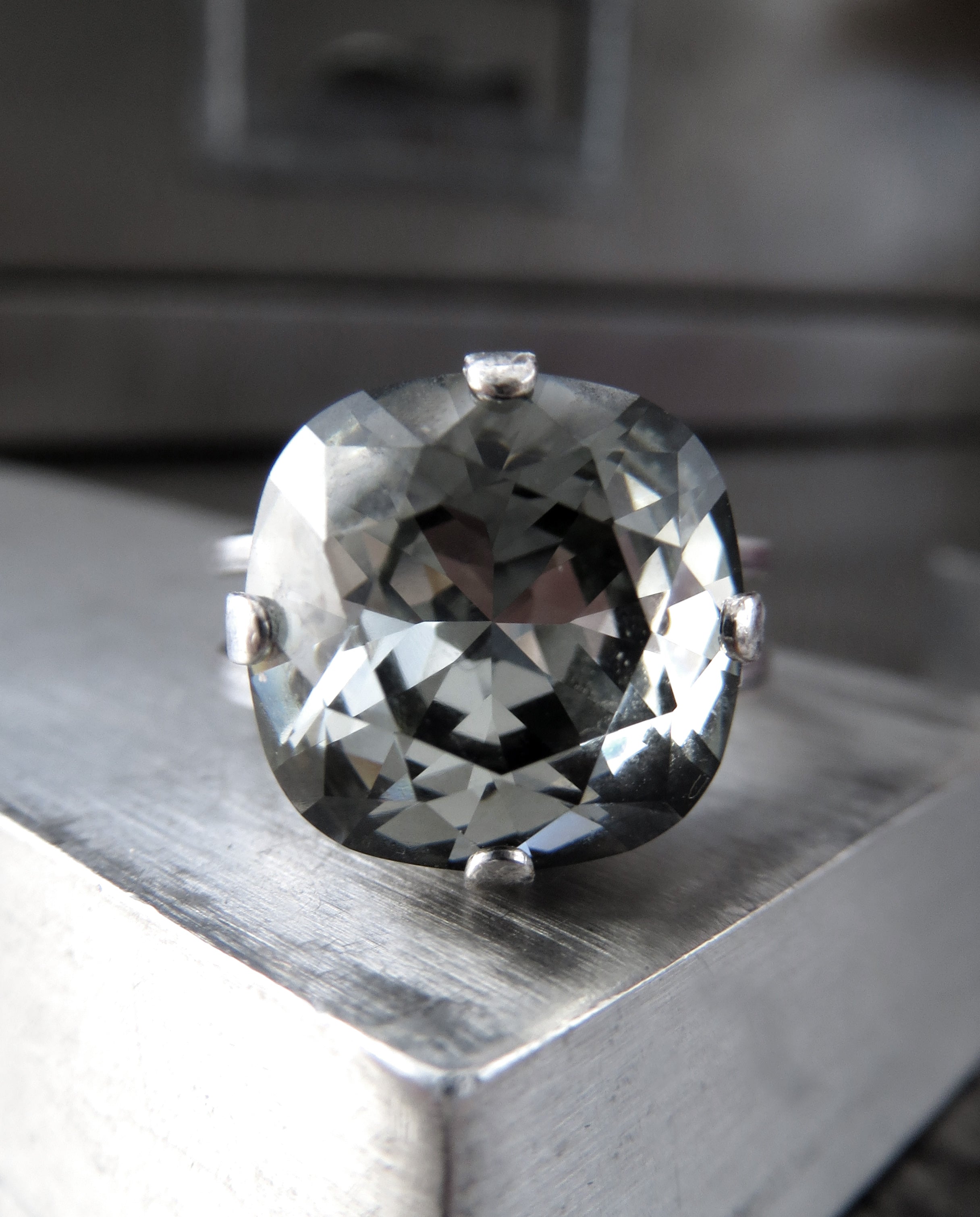 Square Crystal Ring in 'Black Diamond' Soft Grey