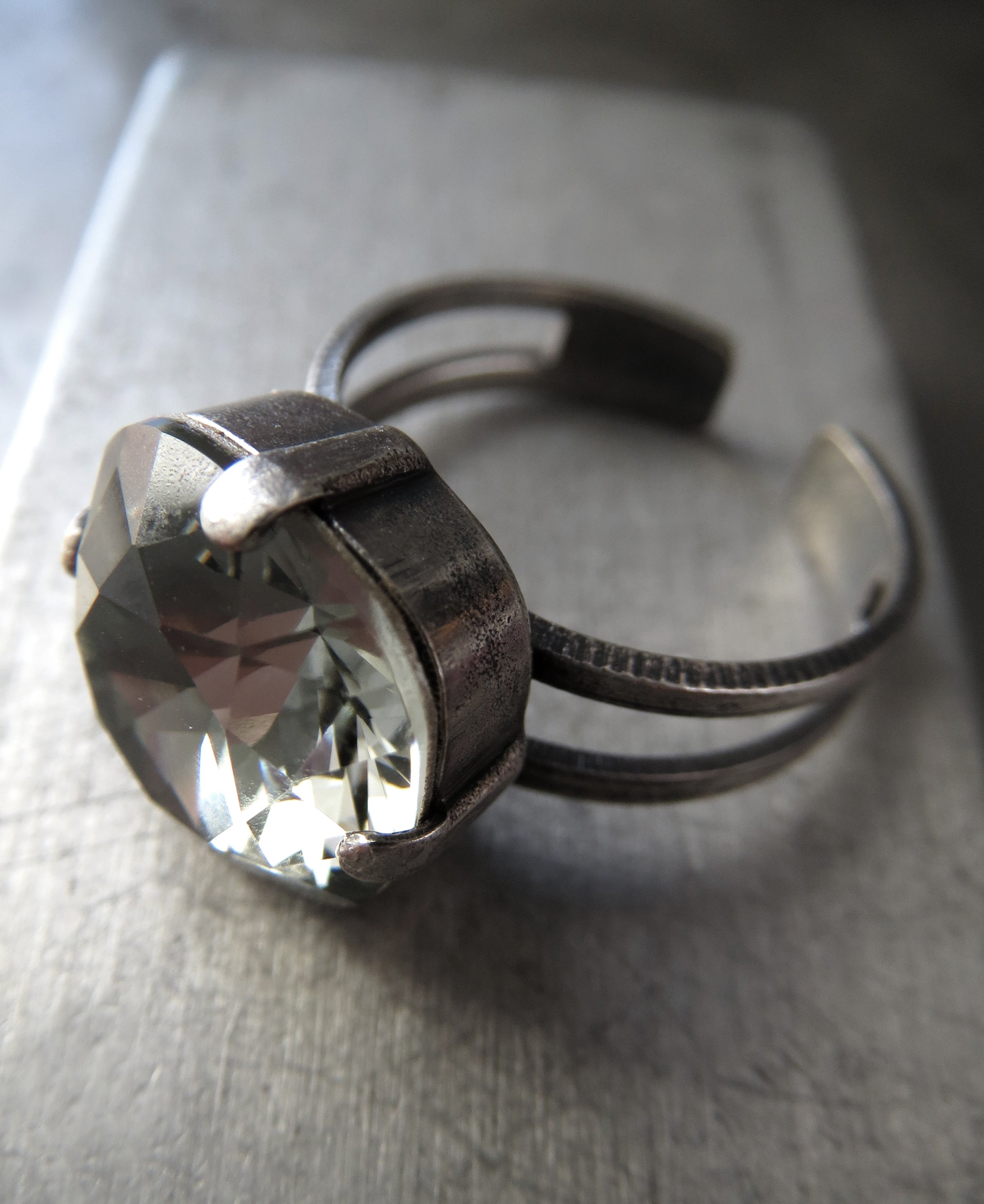 Square Crystal Ring in 'Black Diamond' Soft Grey