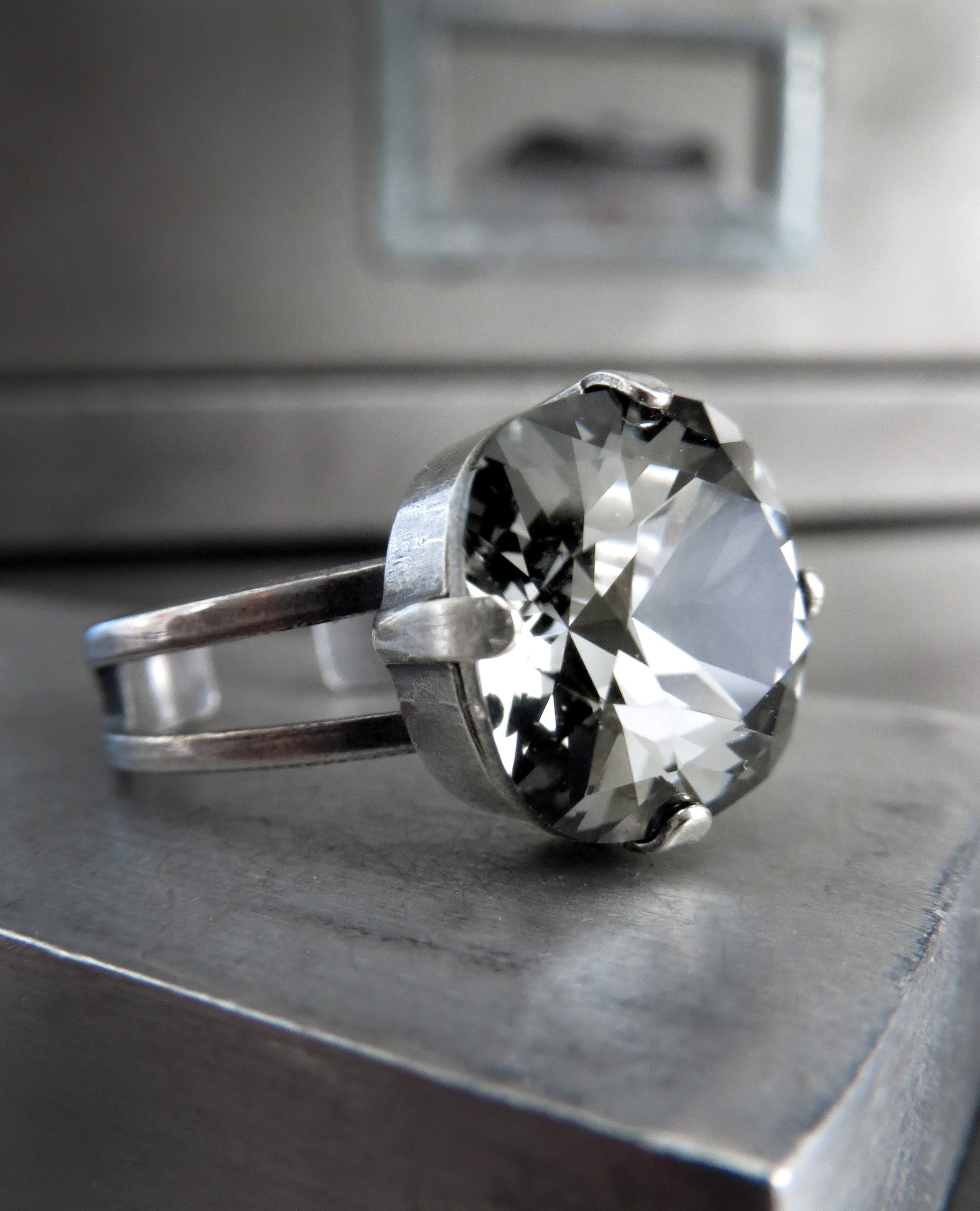 Square Crystal Ring in 'Black Diamond' Soft Grey