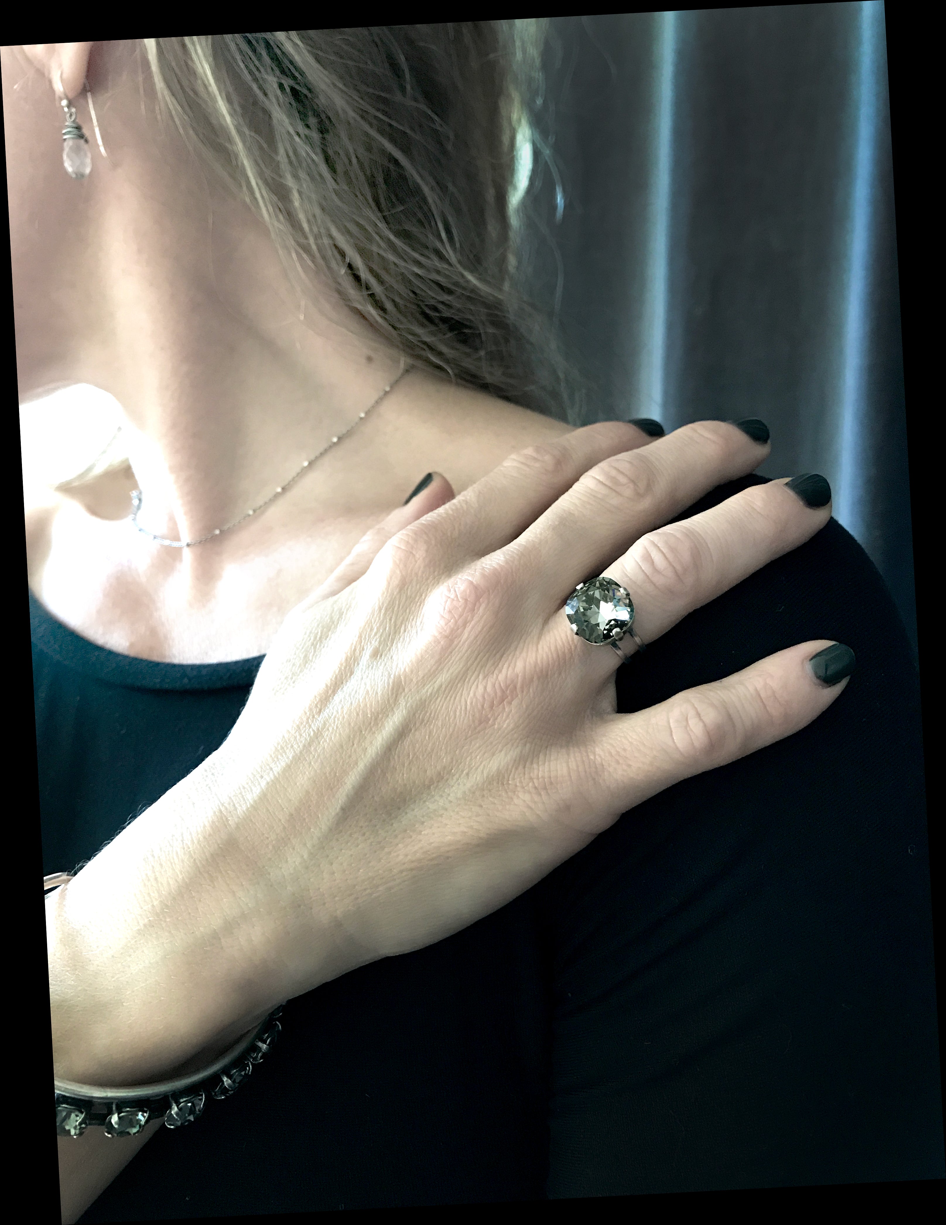 Square Crystal Ring in 'Black Diamond' Soft Grey