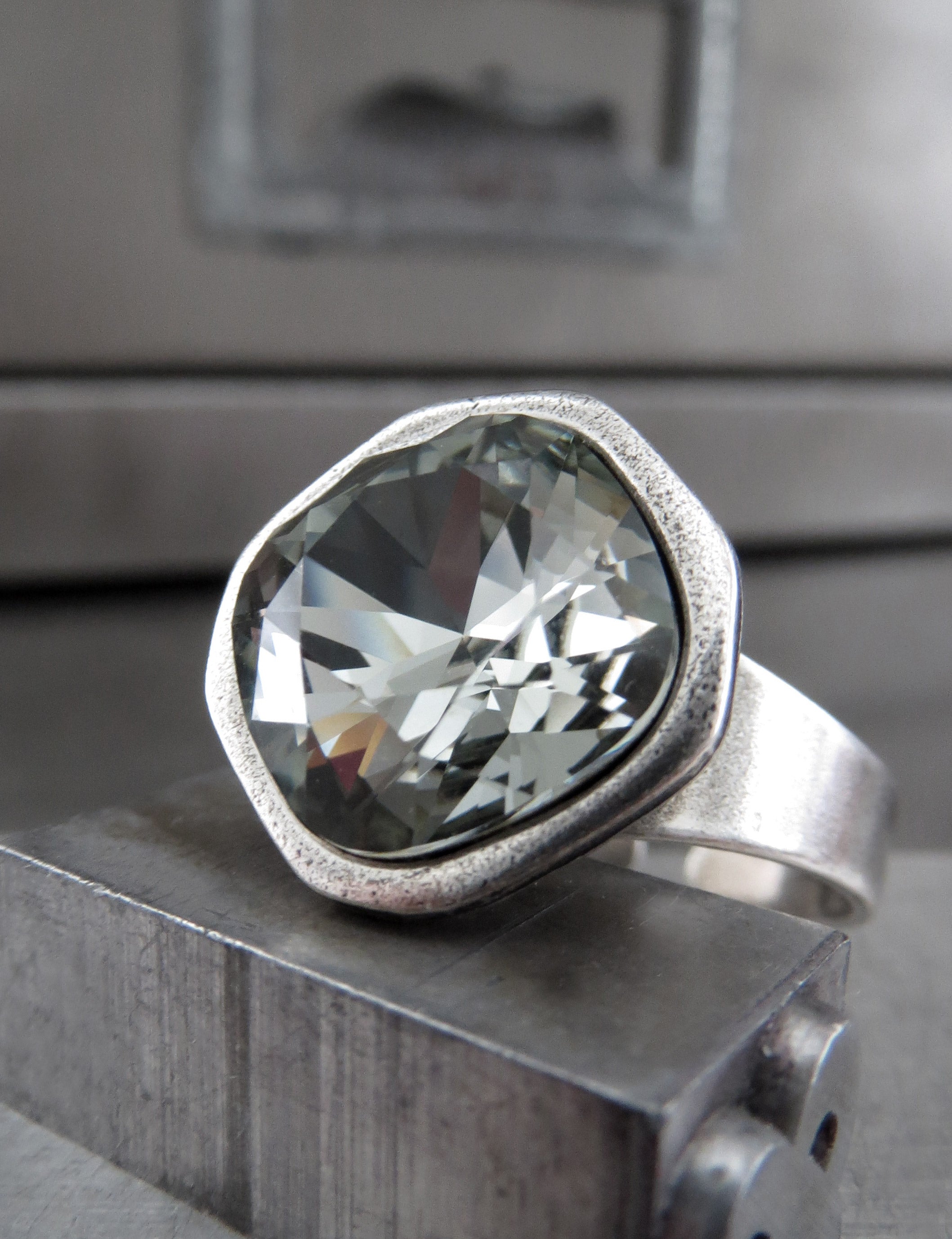 Black Diamond Crystal Ring with Antiqued Silver Band
