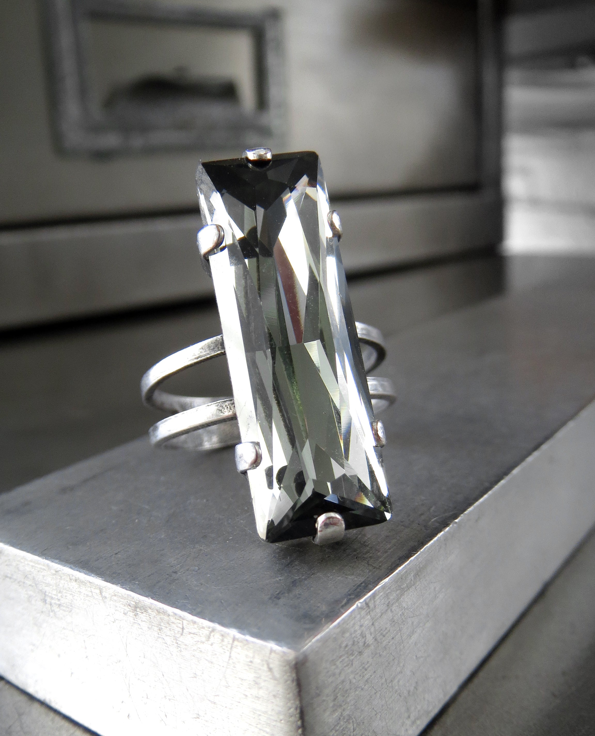 Modern Architectural Crystal Ring - Black Diamond