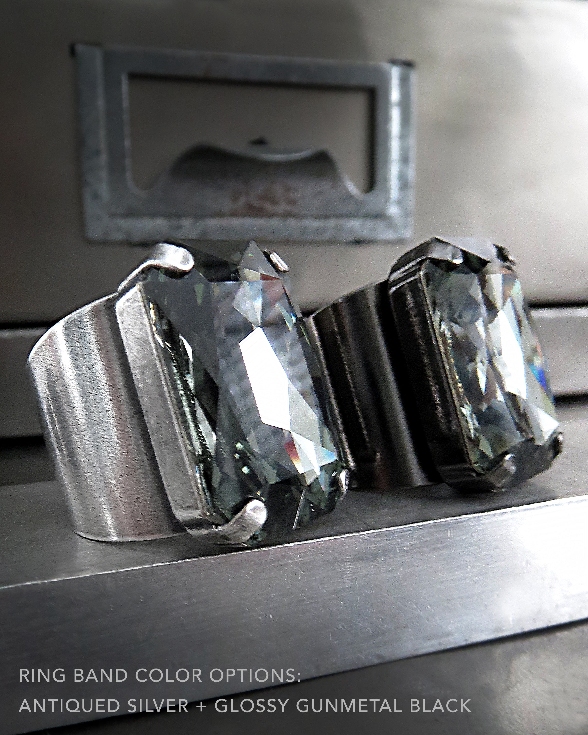 SHADOW - Large Rectangle Black Diamond Crystal Ring