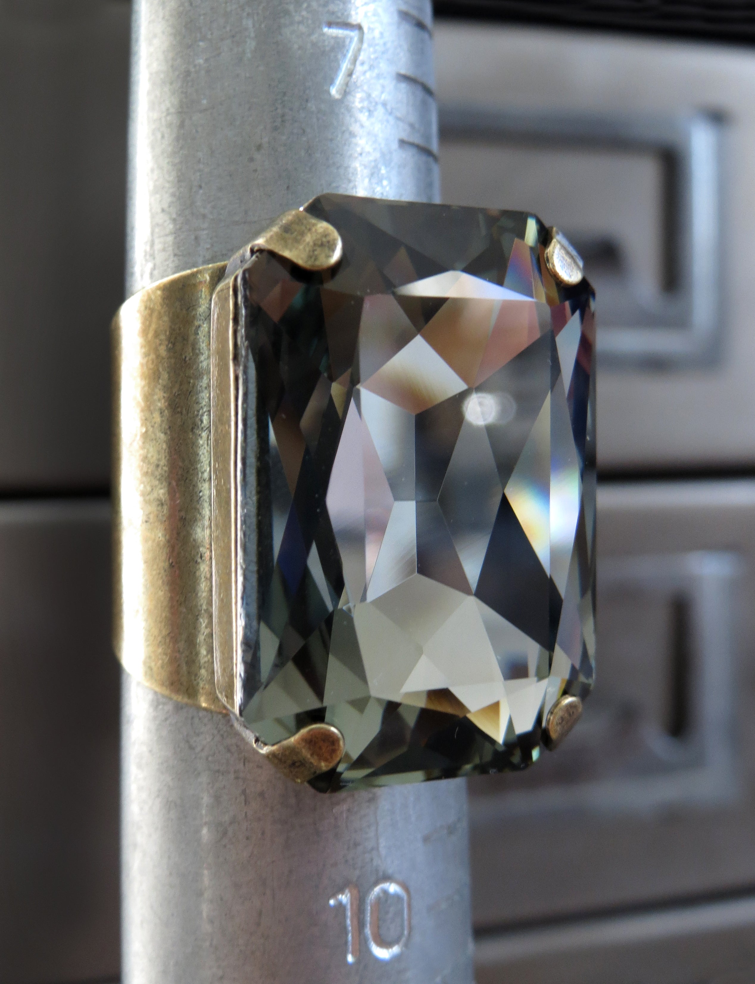 REFINED - Large Black Diamond Rectangle Crystal Ring - Vintage Gold