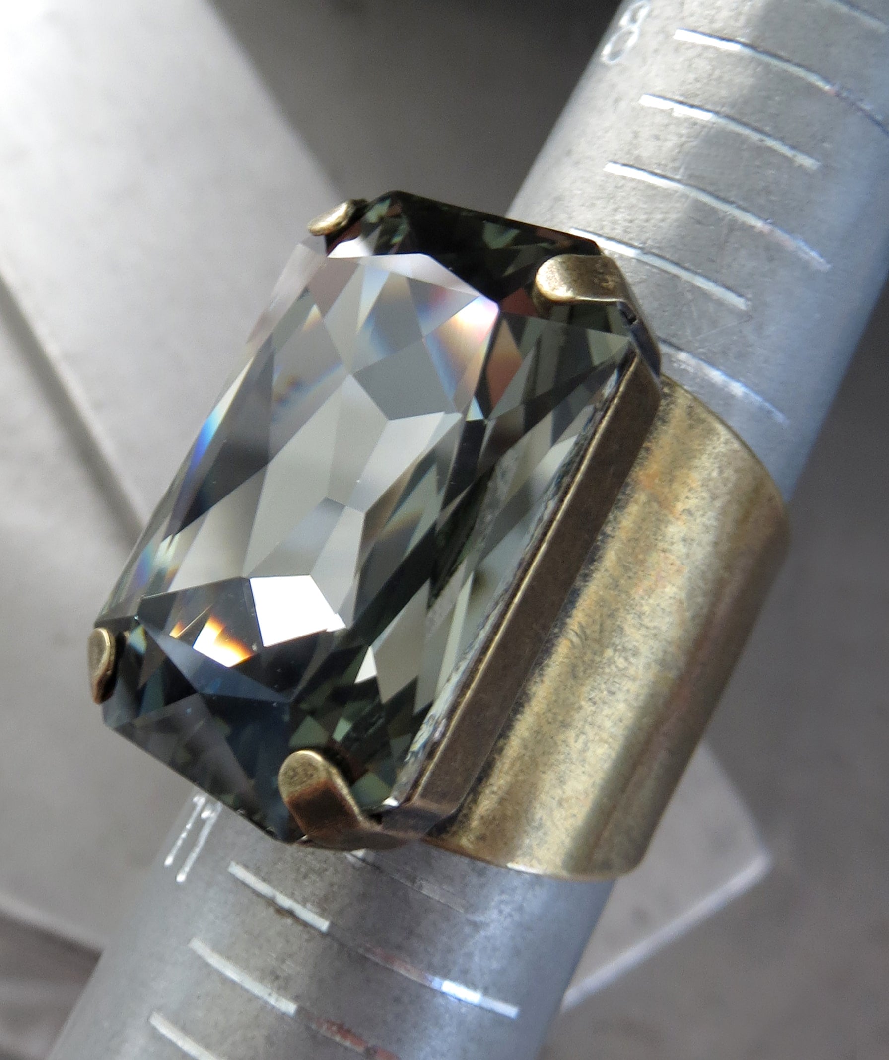 REFINED - Large Black Diamond Rectangle Crystal Ring - Vintage Gold