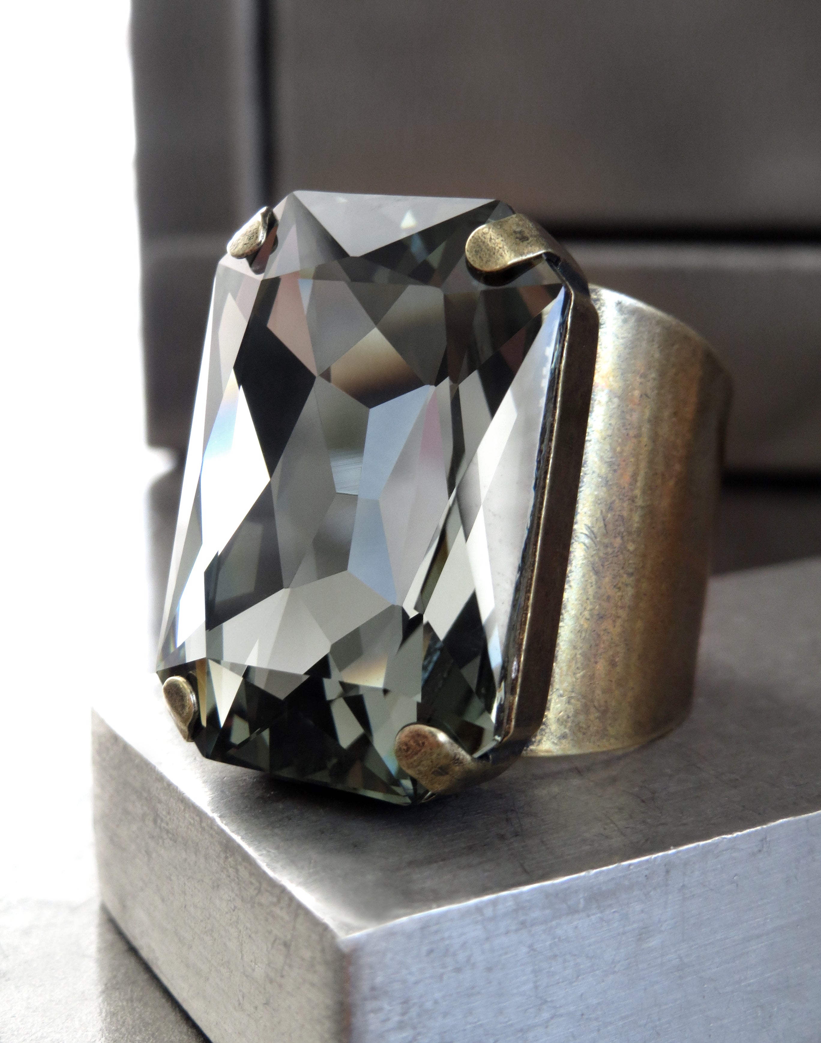 REFINED - Large Black Diamond Rectangle Crystal Ring - Vintage Gold