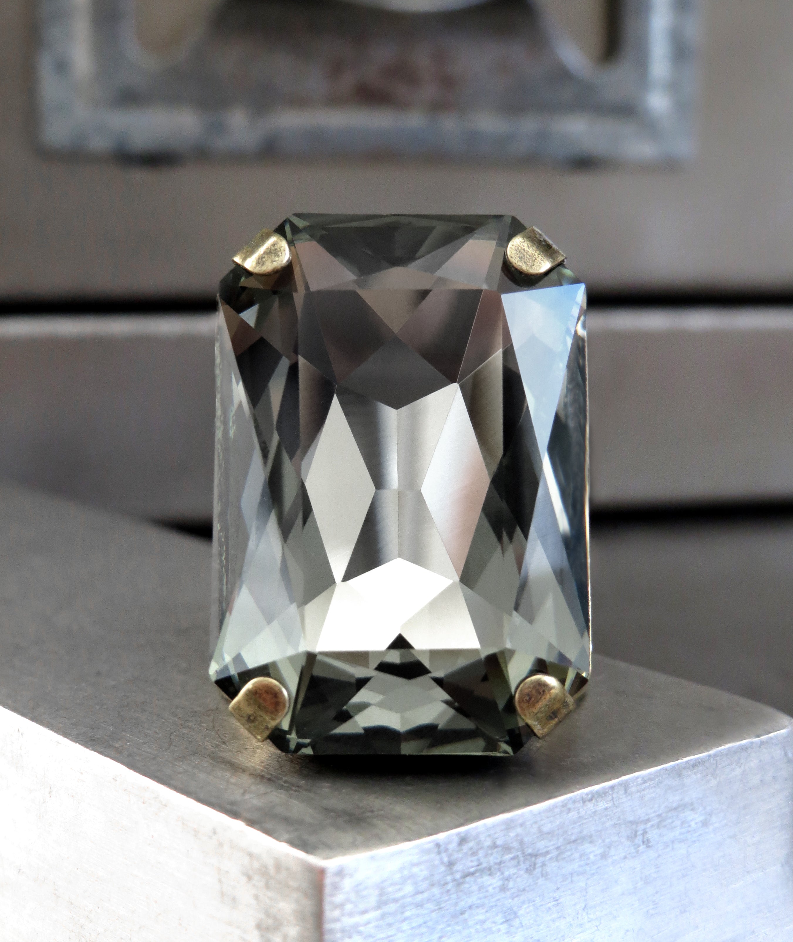 REFINED - Large Black Diamond Rectangle Crystal Ring - Vintage Gold
