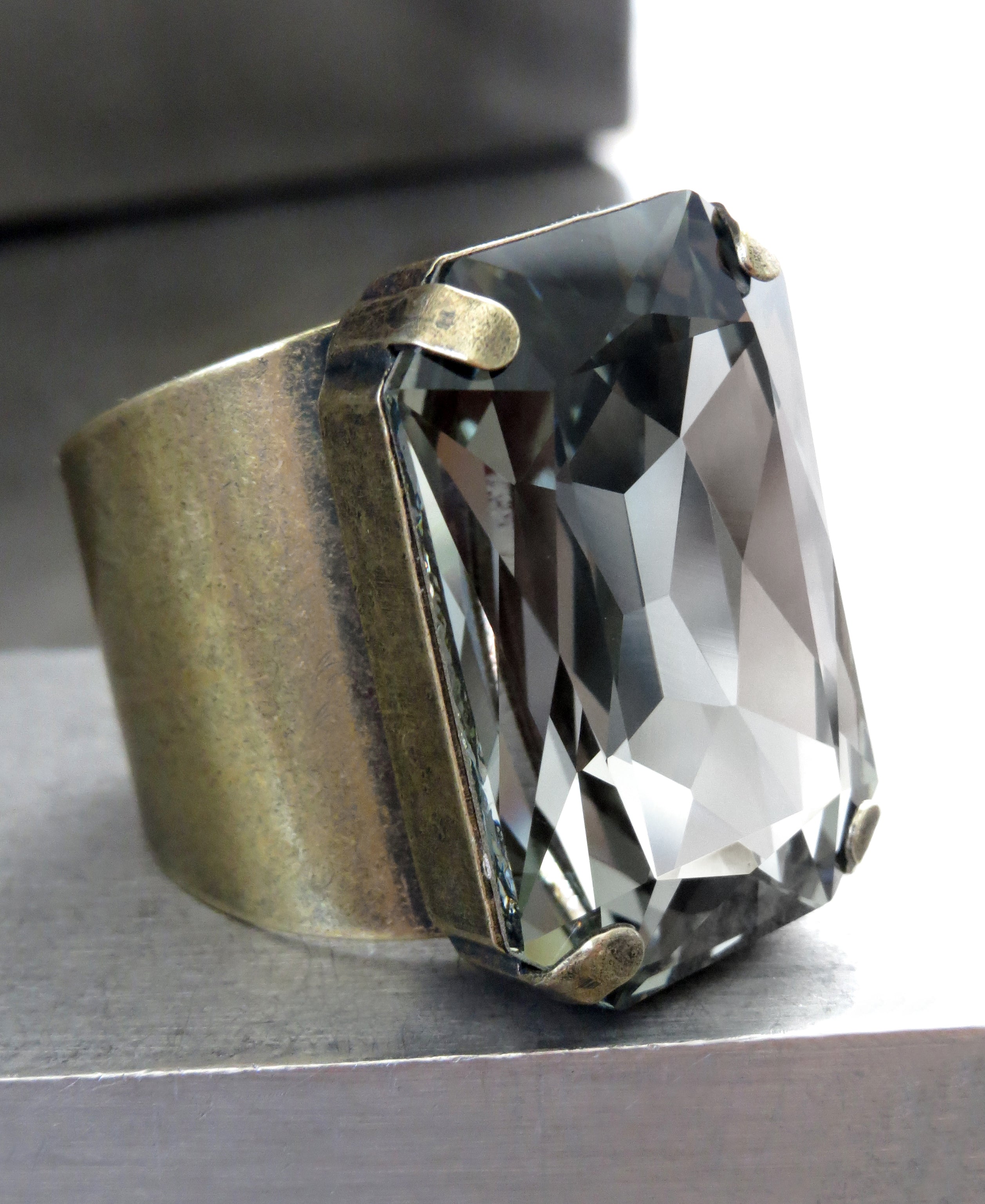 REFINED - Large Black Diamond Rectangle Crystal Ring - Vintage Gold