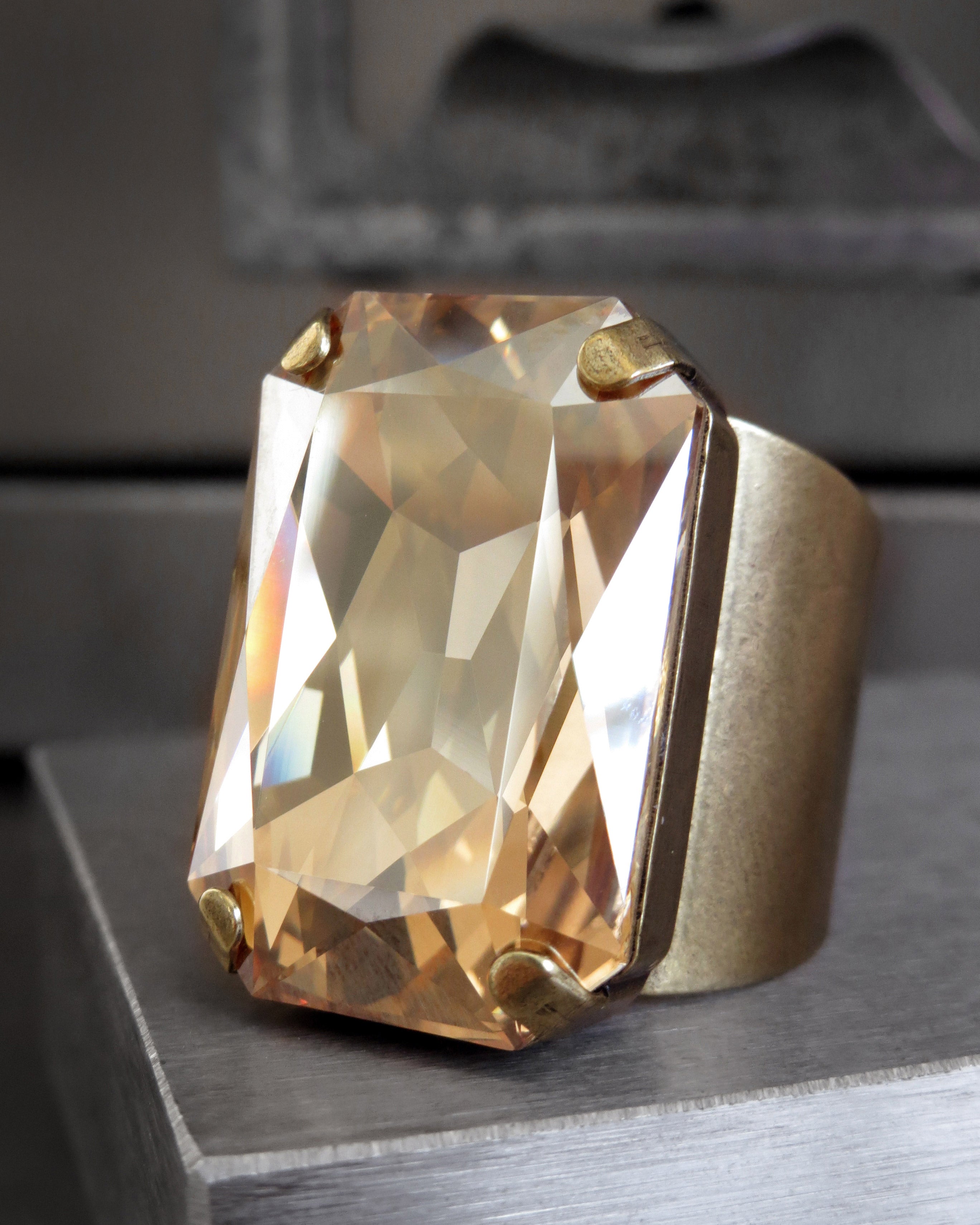 GOLD CHAMPAGNE - Rectangle Crystal Ring in Golden Champagne