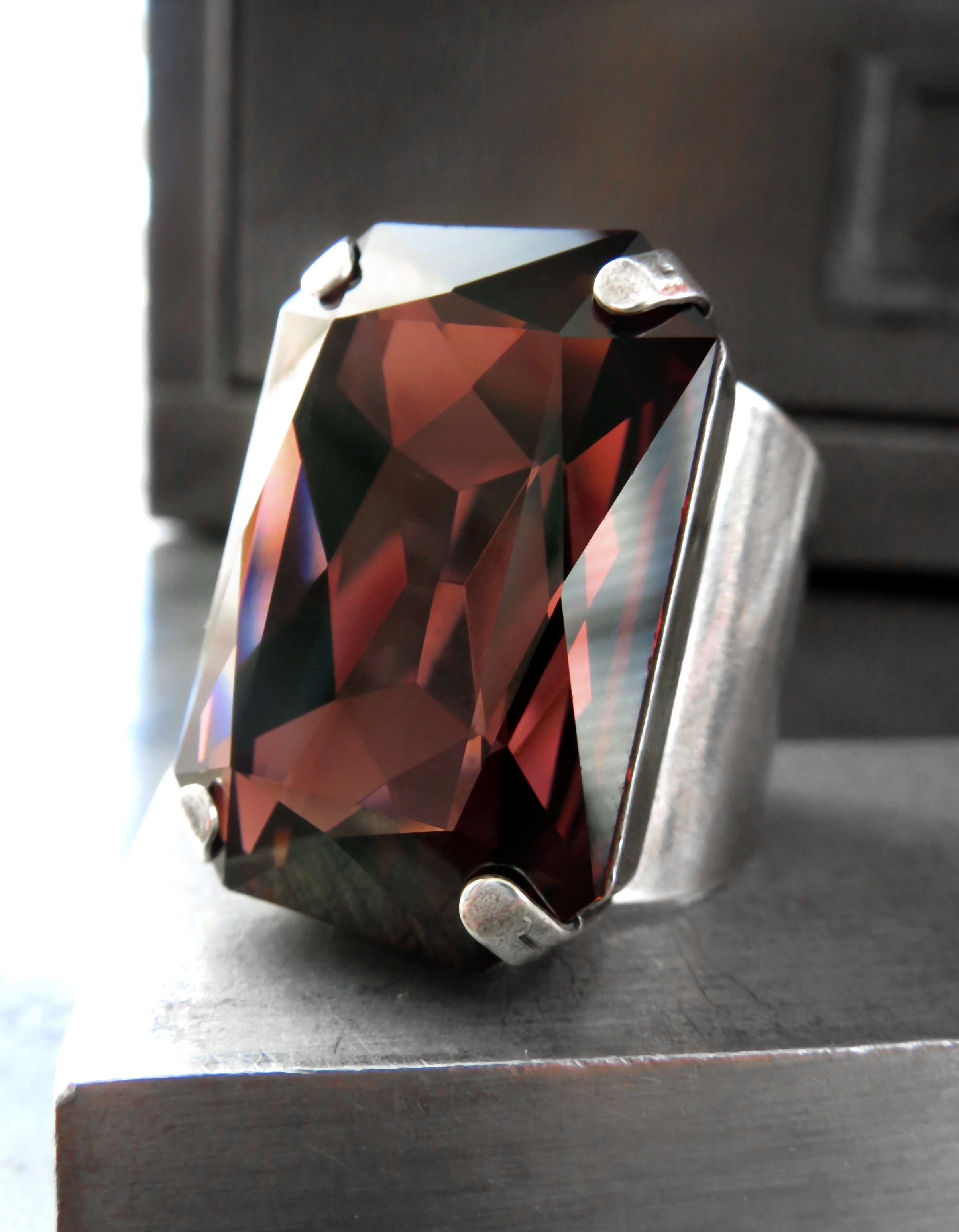 HALCYON - Earthy Burgundy Crystal Ring - Antiqued Silver