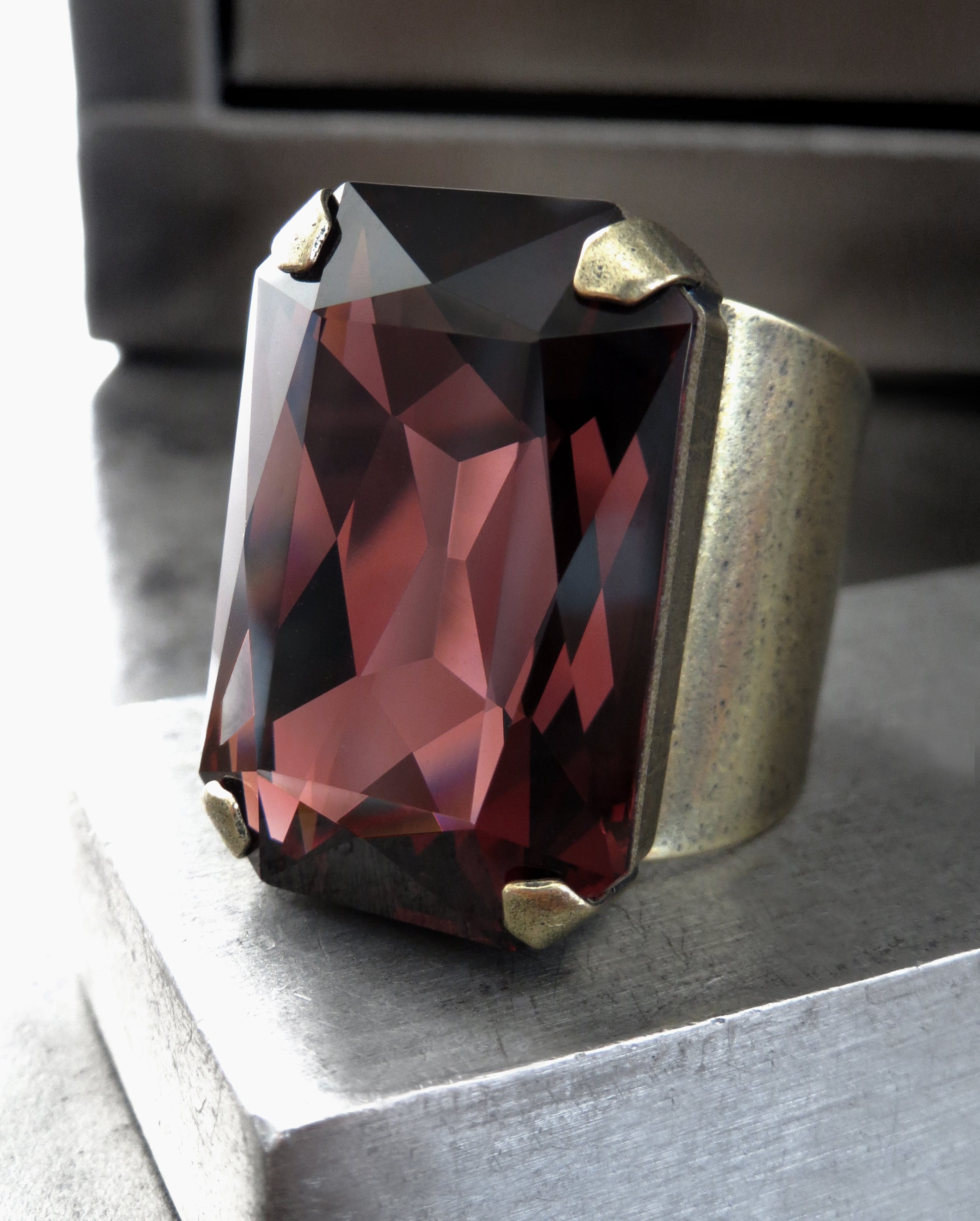 HALCYON II - Earthy Burgundy Crystal Ring - Antiqued Brass