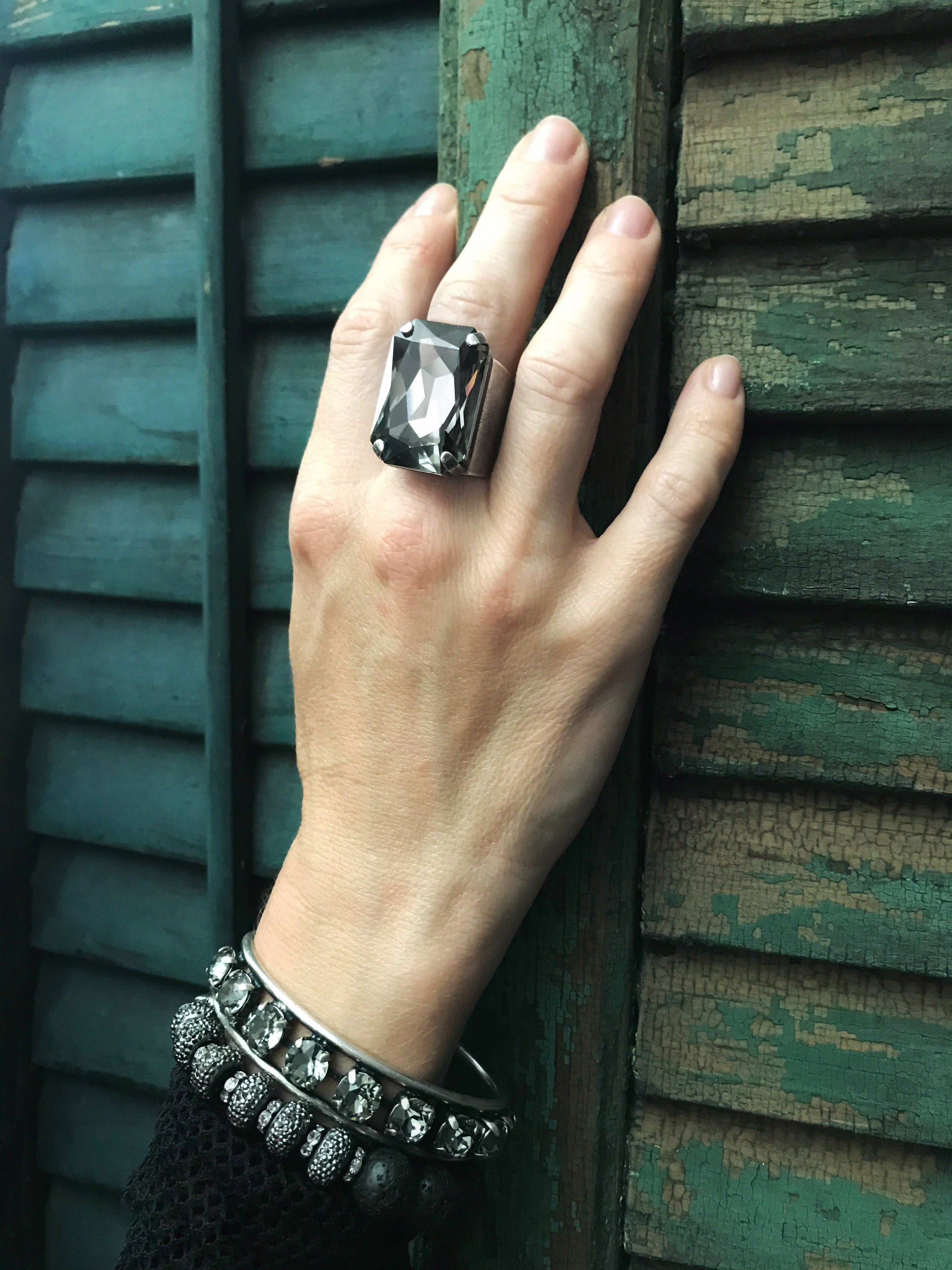 REFINED - Large Black Diamond Rectangle Crystal Ring - Vintage Gold