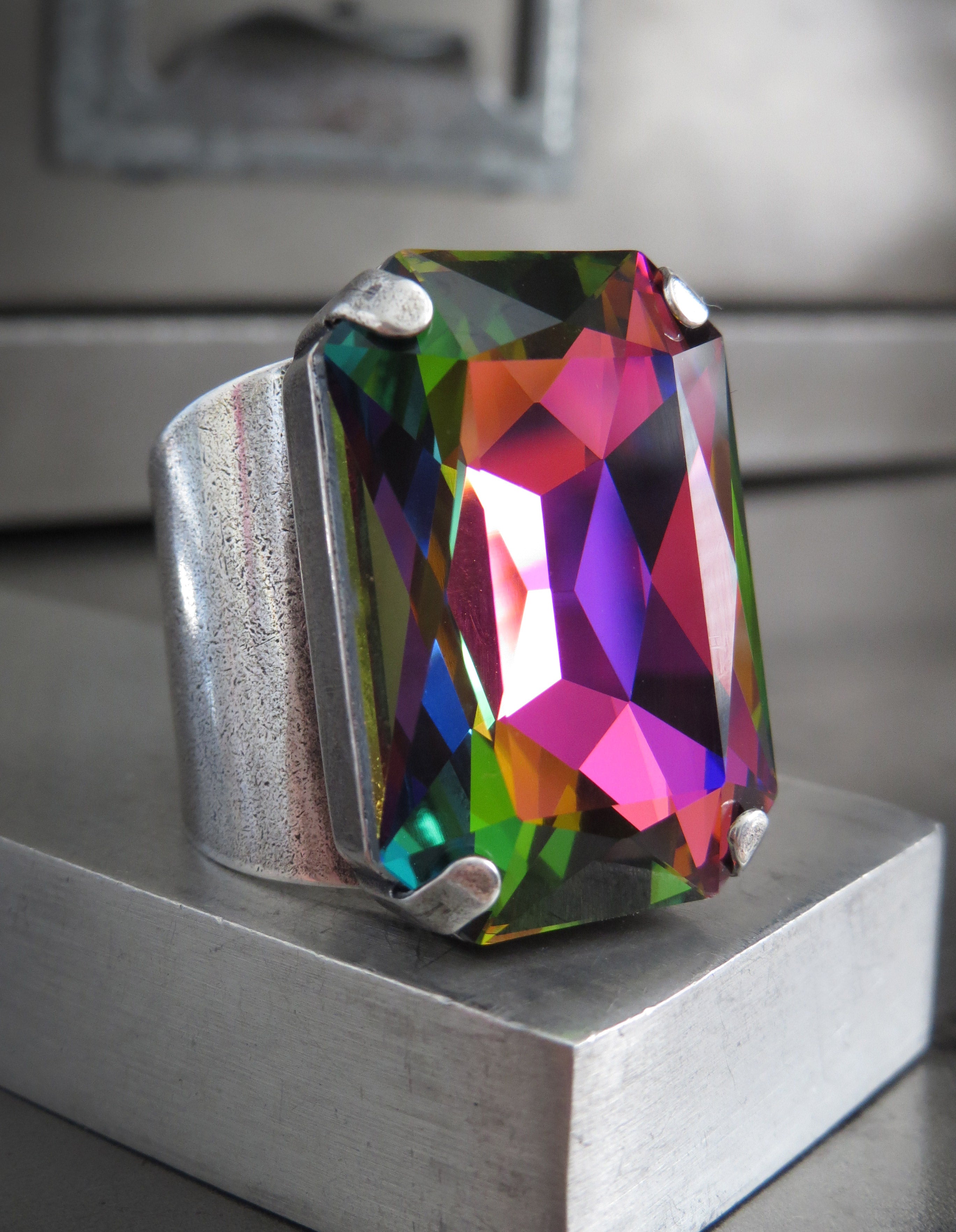 FABULOUS - Large Rectangular Crystal Rainbow Ring