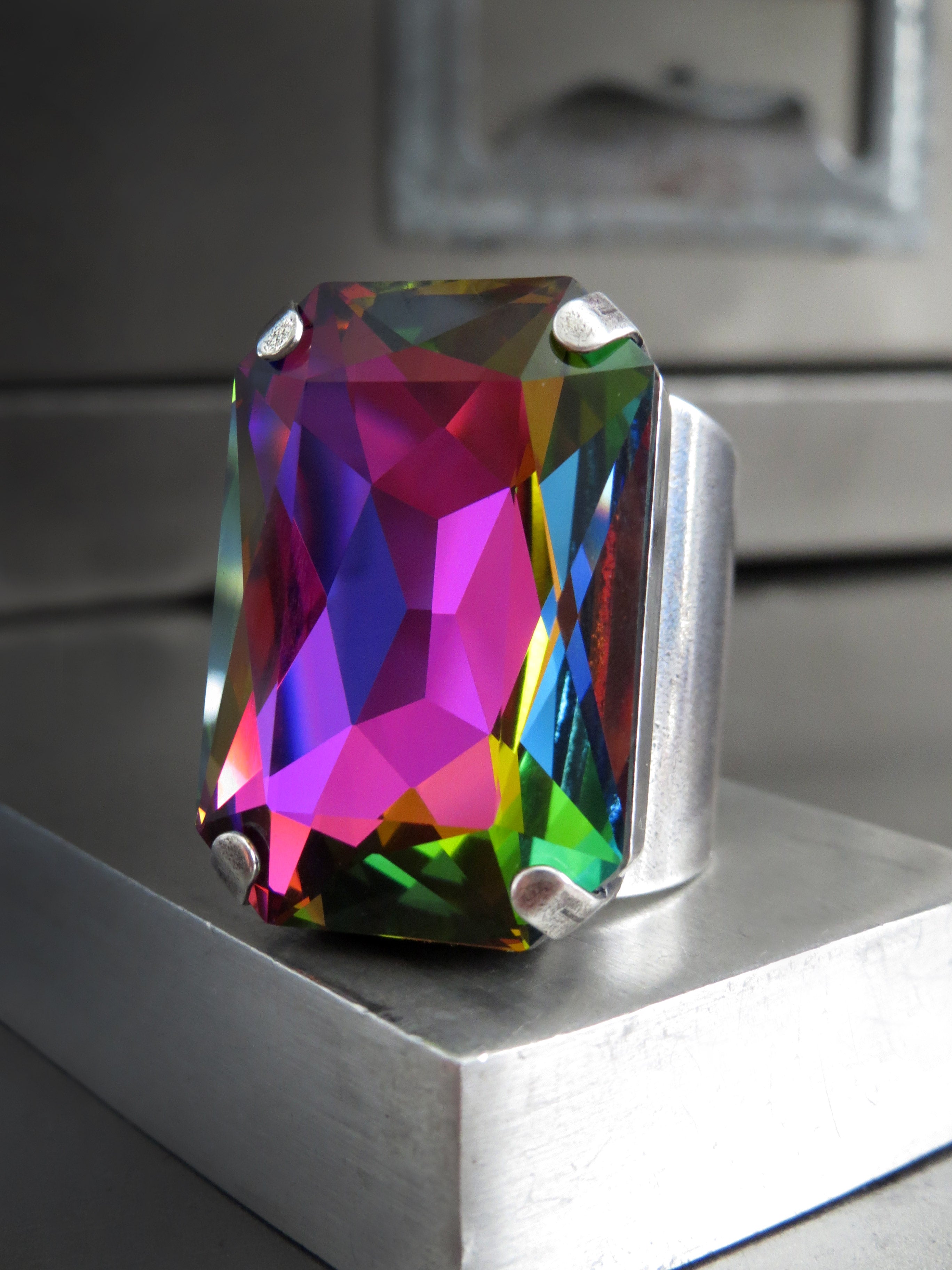 FABULOUS - Large Rectangular Crystal Rainbow Ring