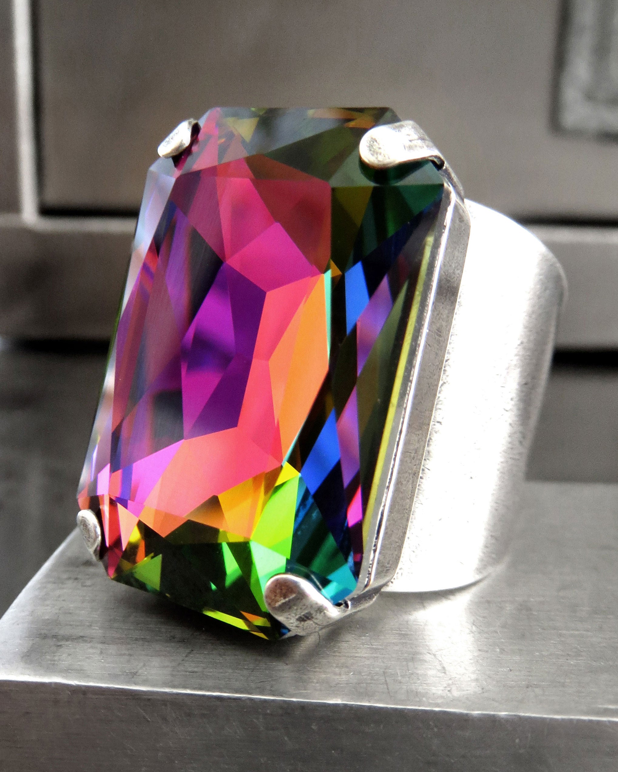 FABULOUS - Large Rectangular Crystal Rainbow Ring