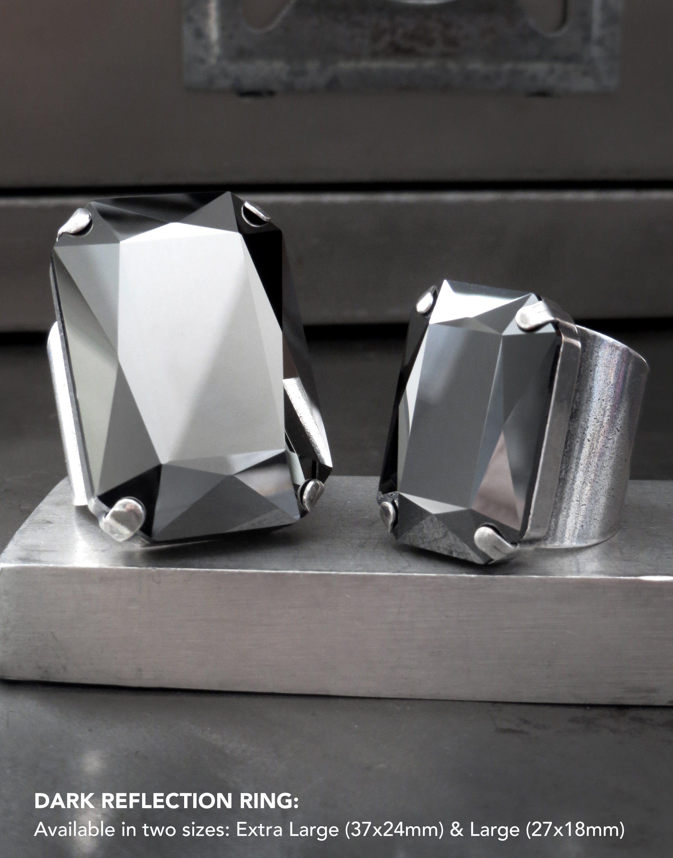 DARK REFLECTION - Large Metallic Gunmetal Black Crystal Ring