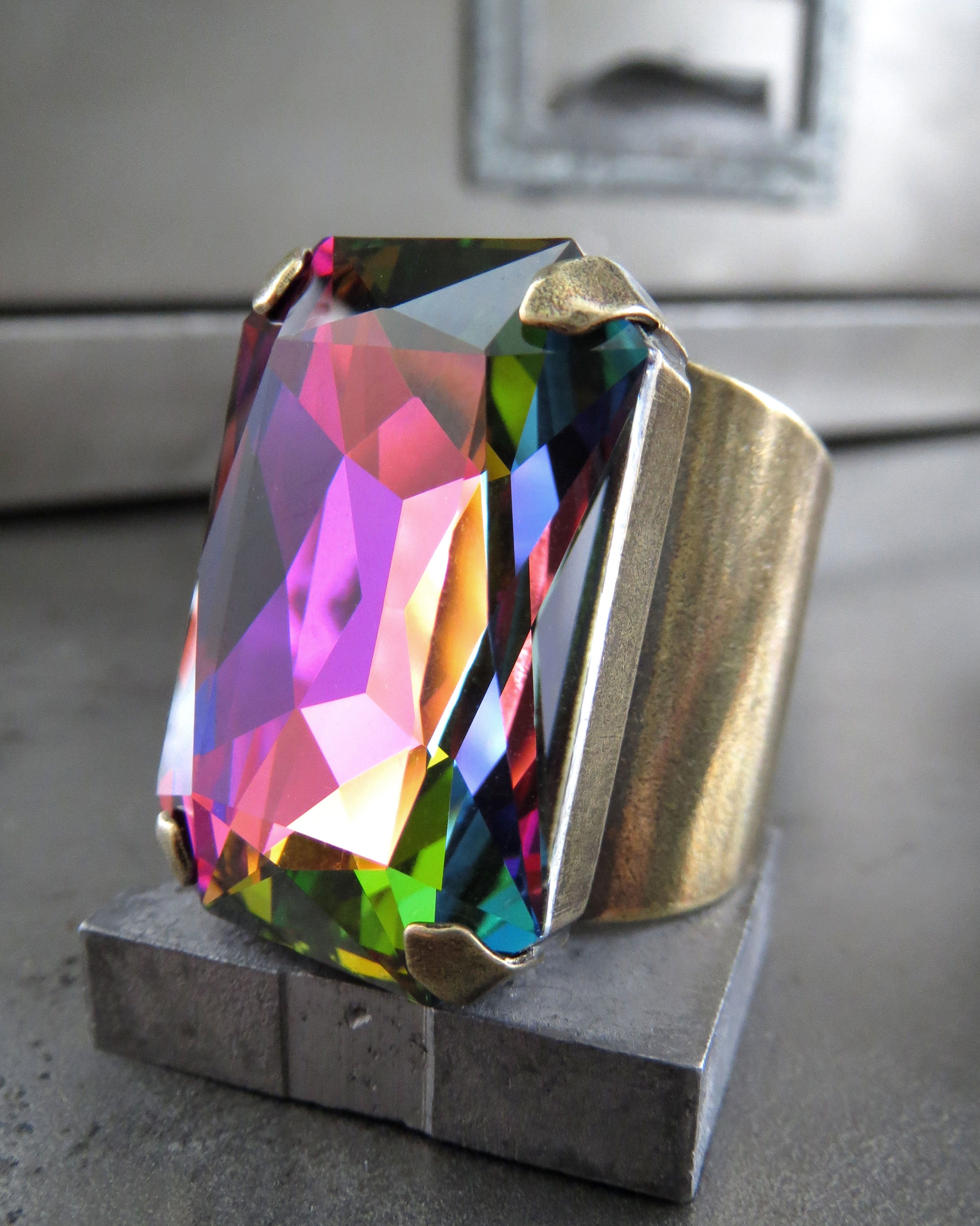 FABULOUS - Large Rectangular Crystal Rainbow Ring