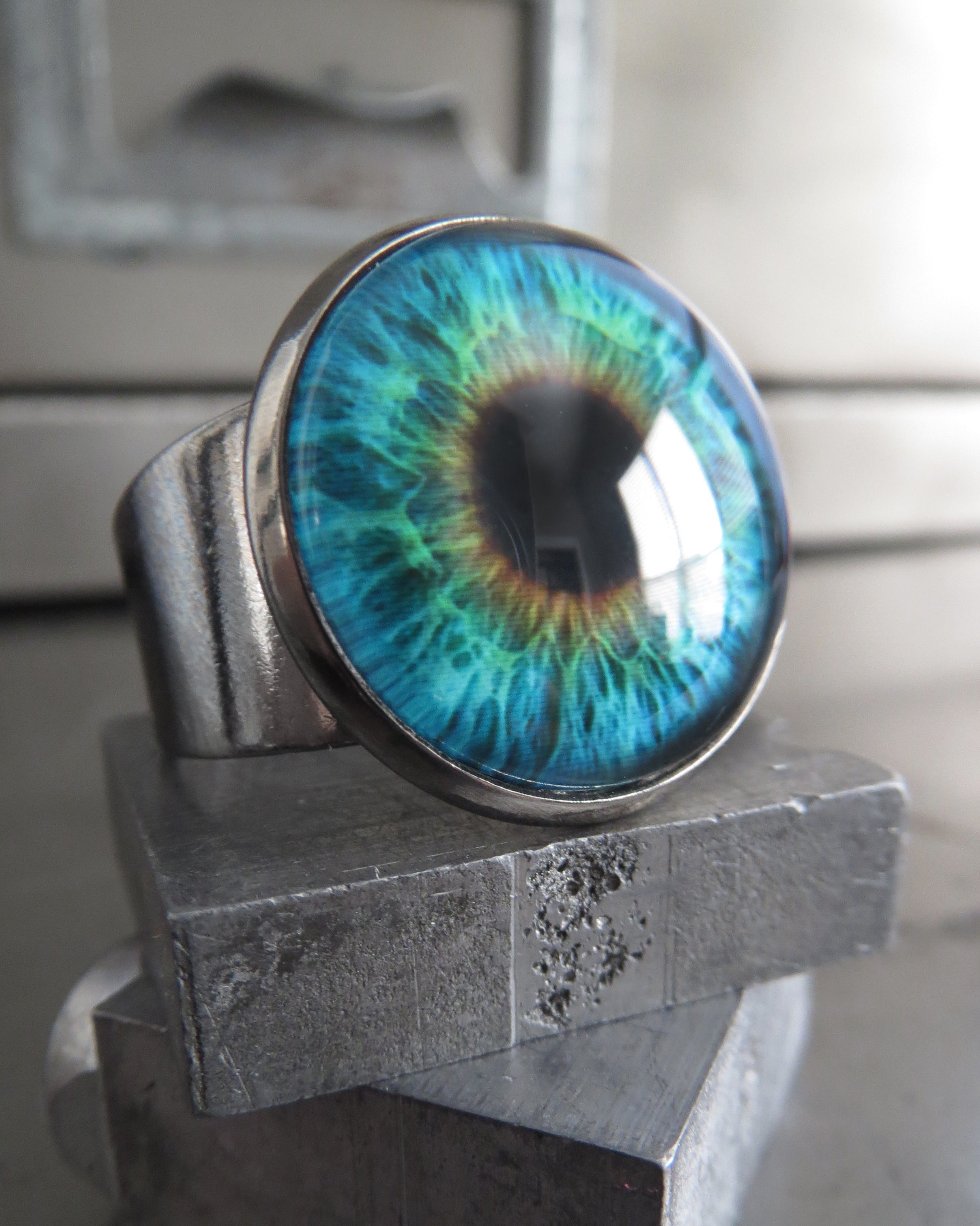 Gothic Halloween Eyeball Ring in Glossy Aqua - Two Sizes