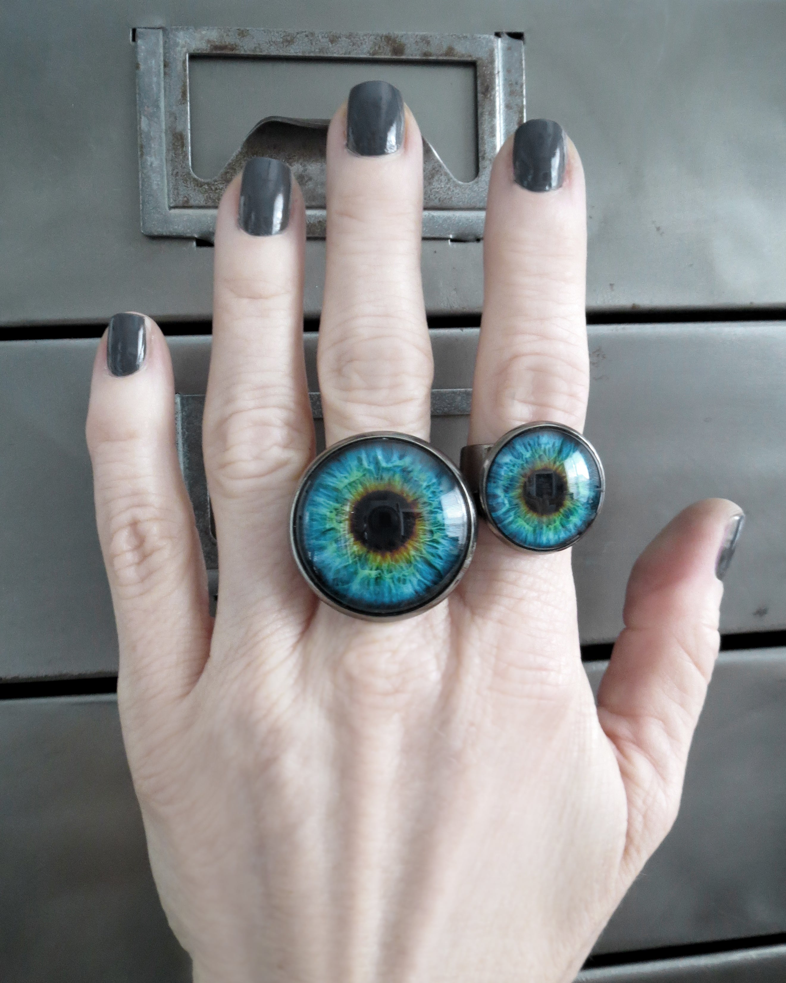 Gothic Halloween Eyeball Ring in Glossy Aqua - Two Sizes