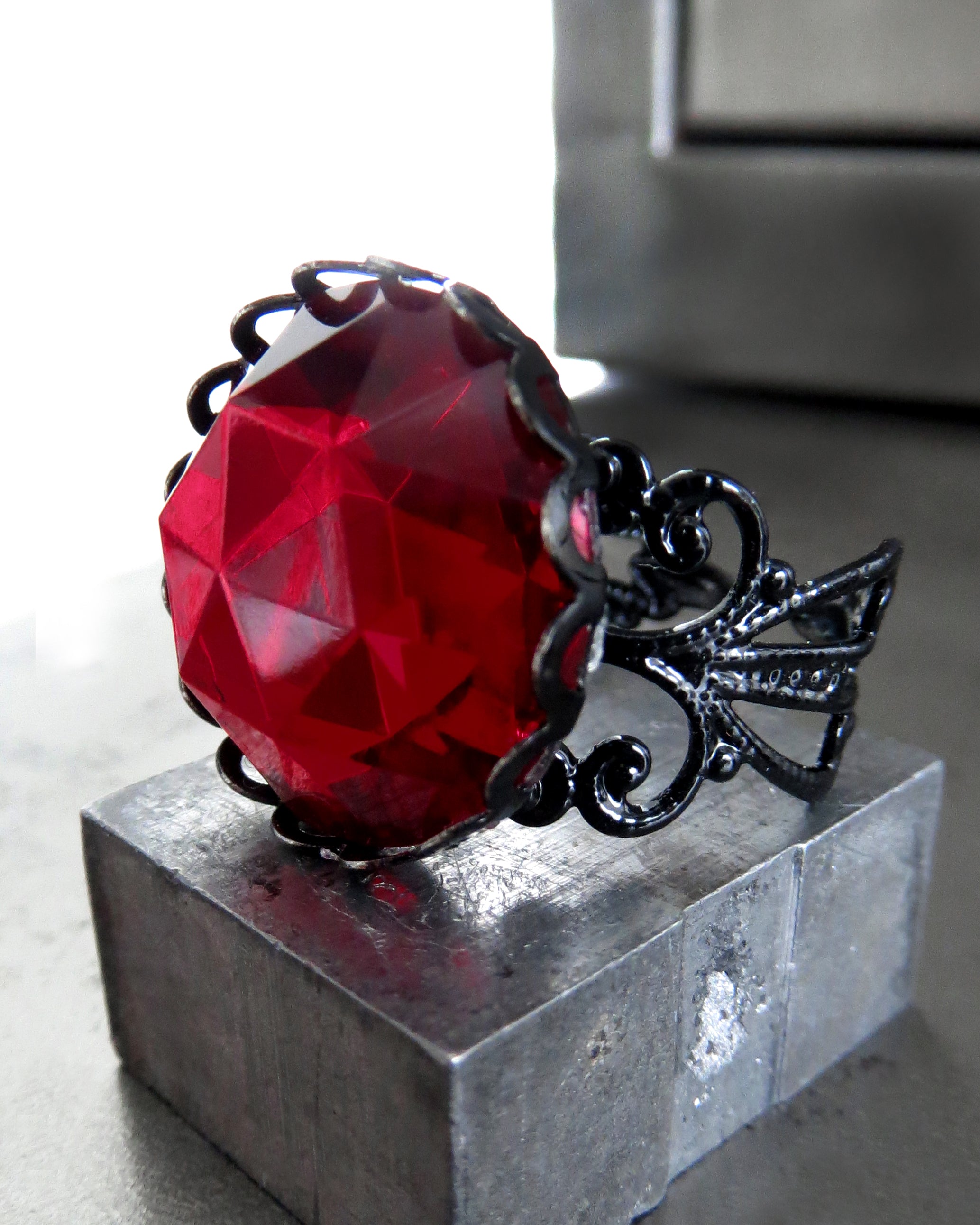 Deep Blood Red Gothic Halloween Ring - Black Filigree Band