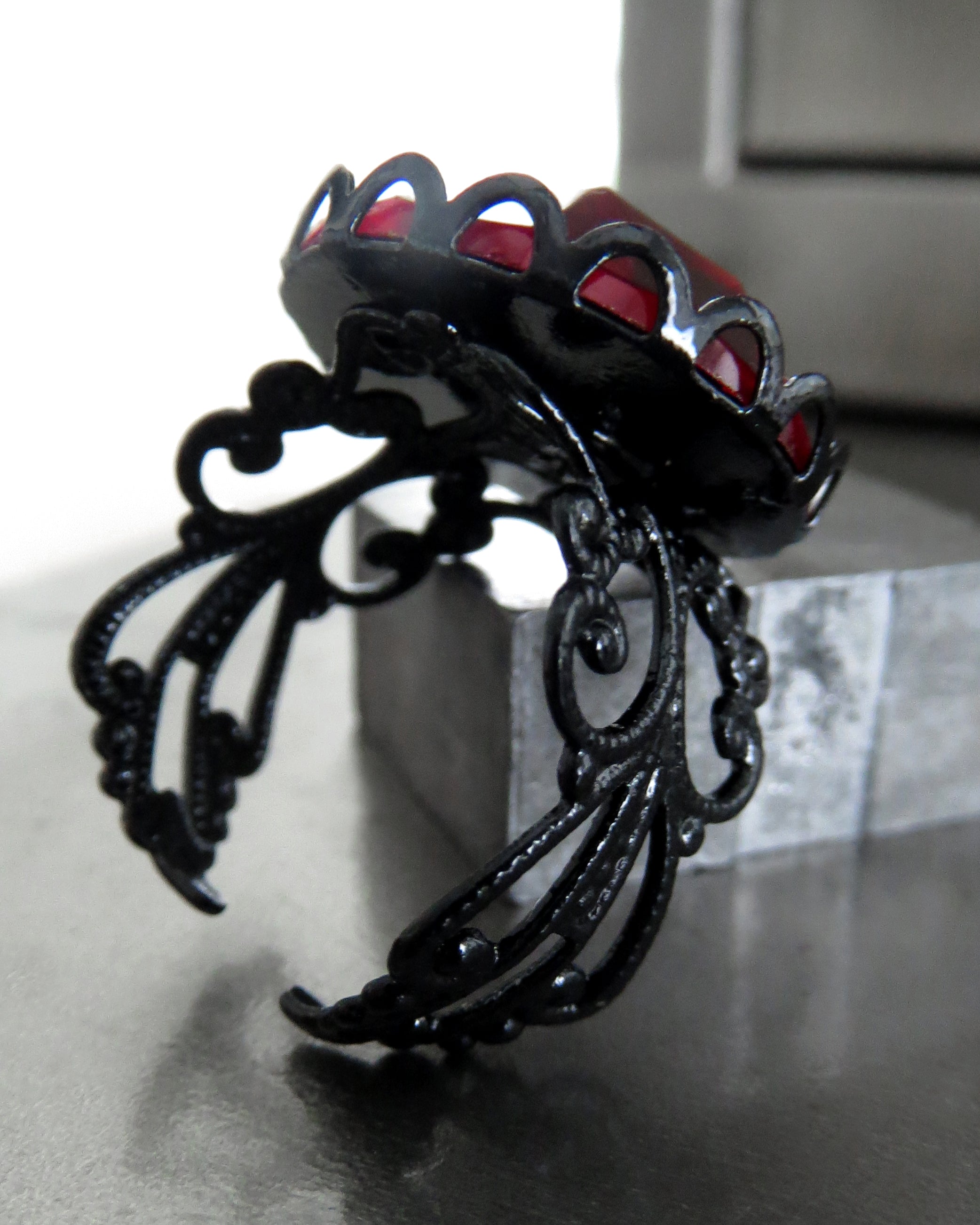 Deep Blood Red Gothic Halloween Ring - Black Filigree Band