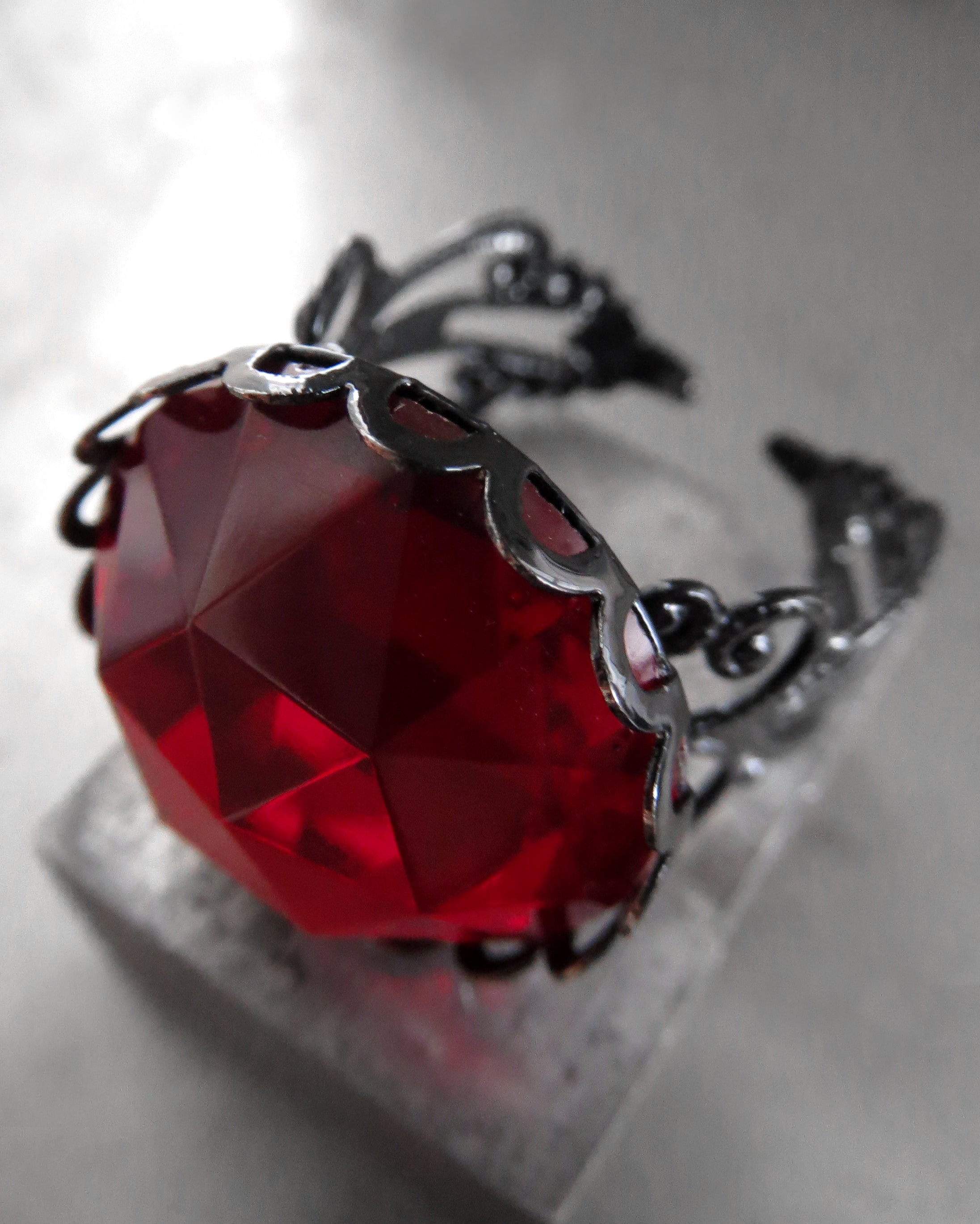 Deep Blood Red Gothic Halloween Ring - Black Filigree Band