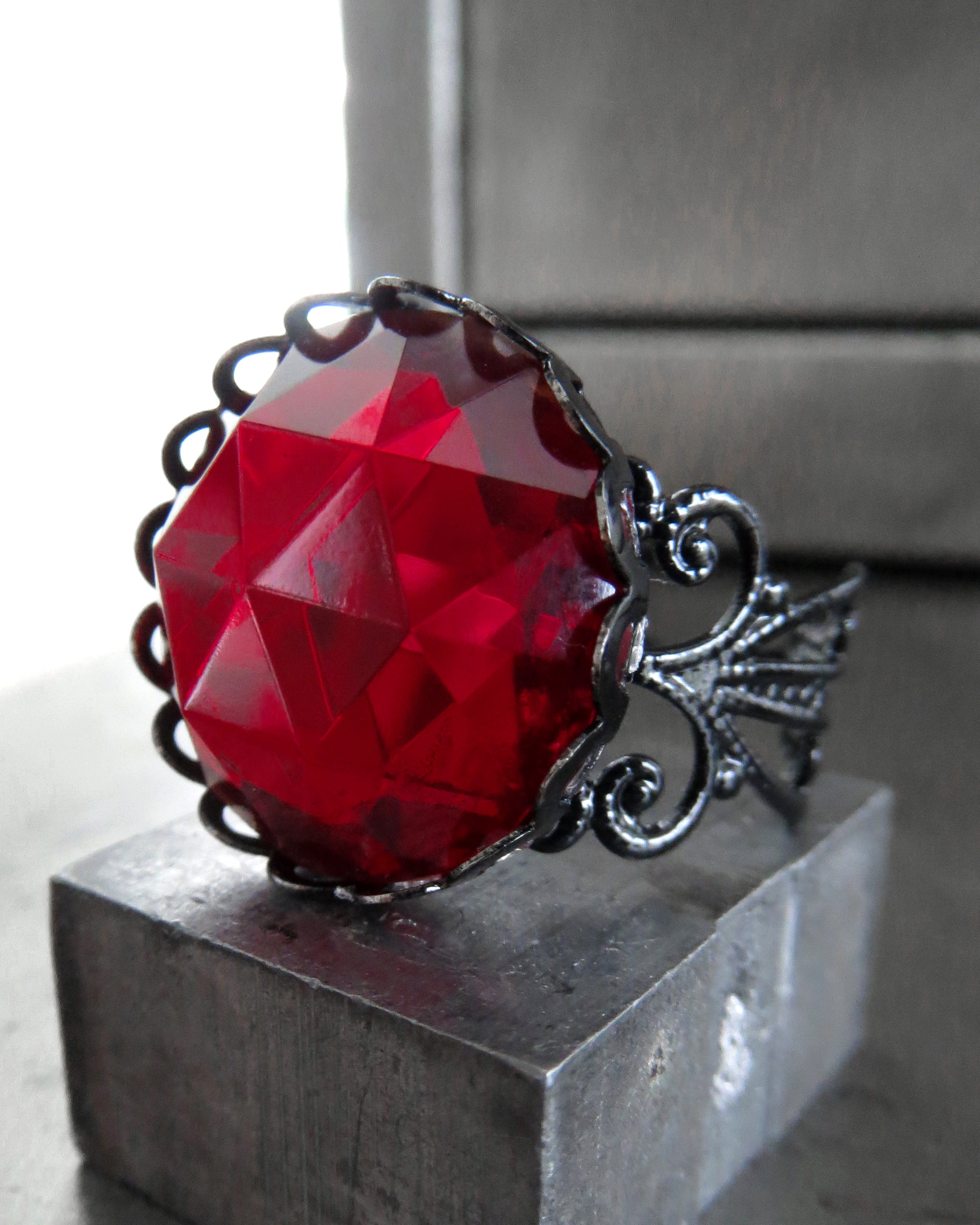 Deep Blood Red Gothic Halloween Ring - Black Filigree Band