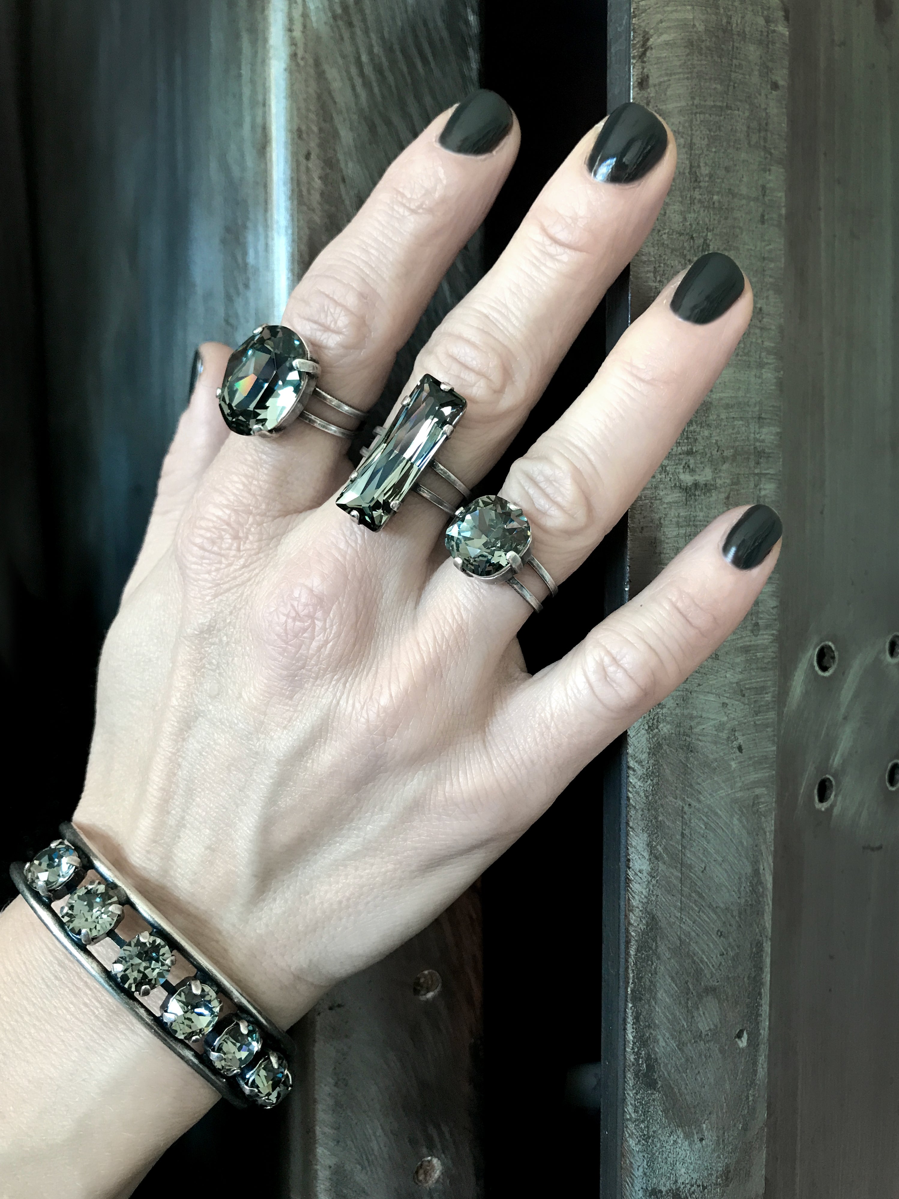 Square Crystal Ring in 'Black Diamond' Soft Grey