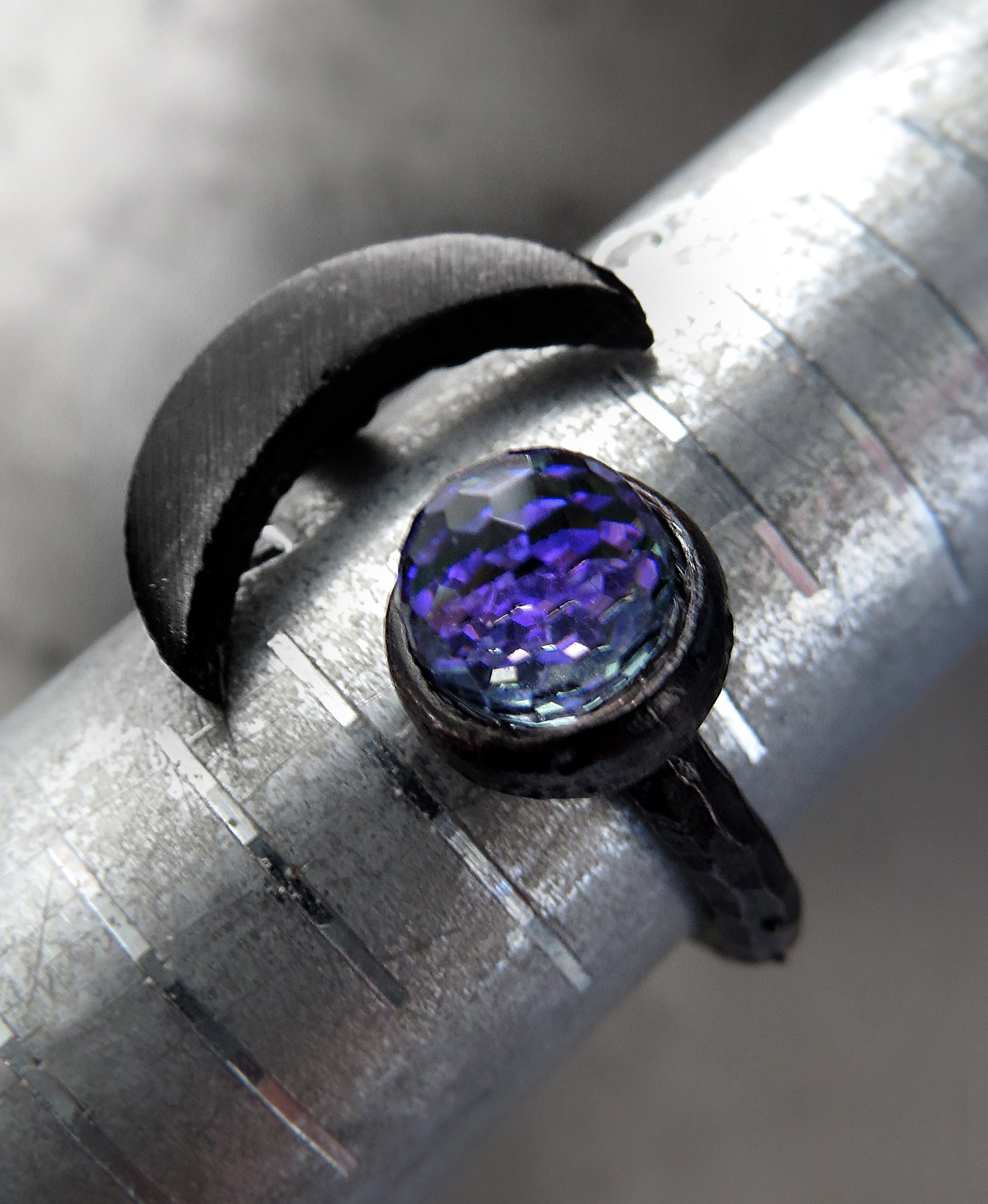 CELESTIAL - Black Crescent Moon Ring with Purple Vintage Crystal