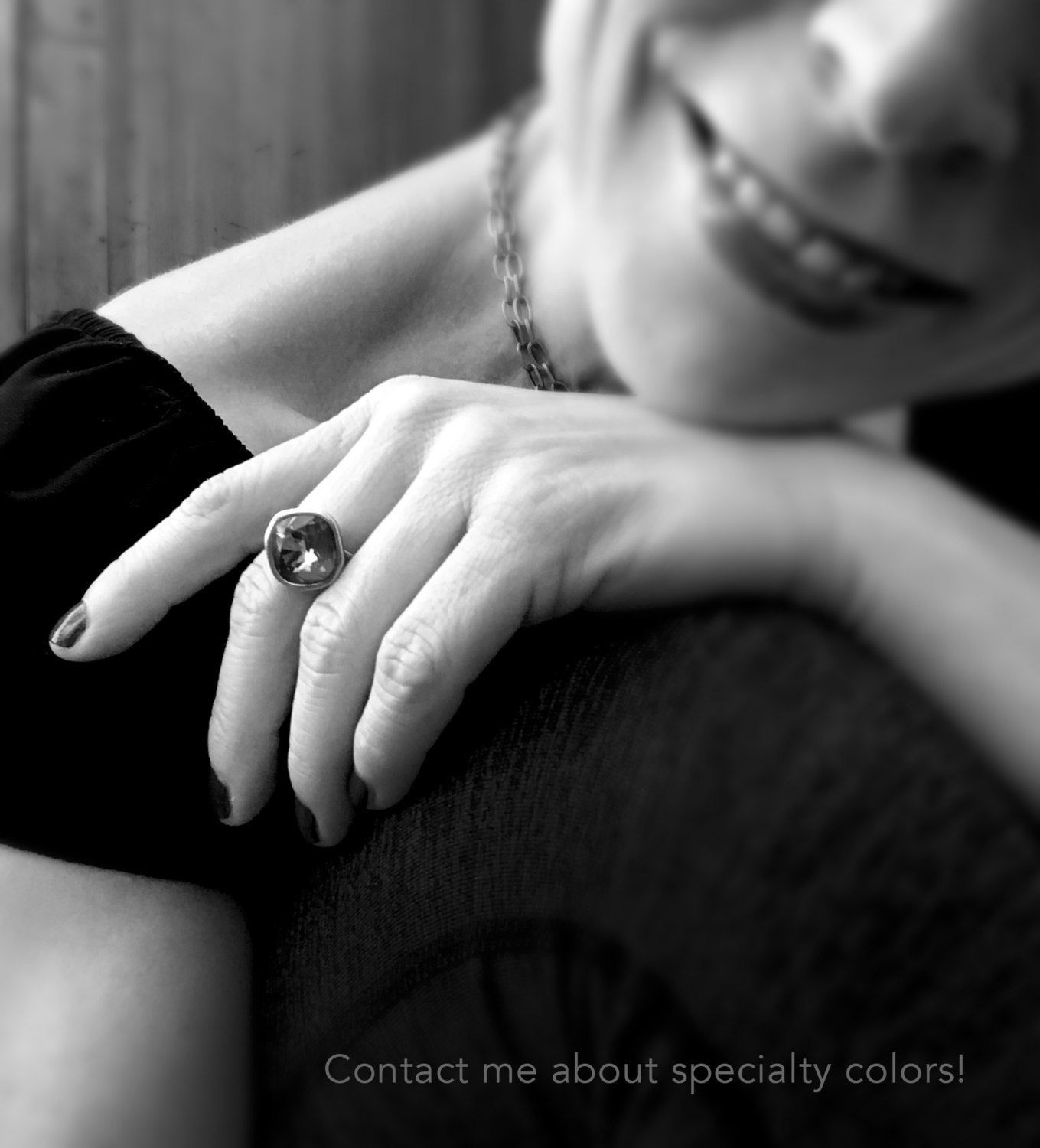 Black Diamond Crystal Ring with Antiqued Silver Band