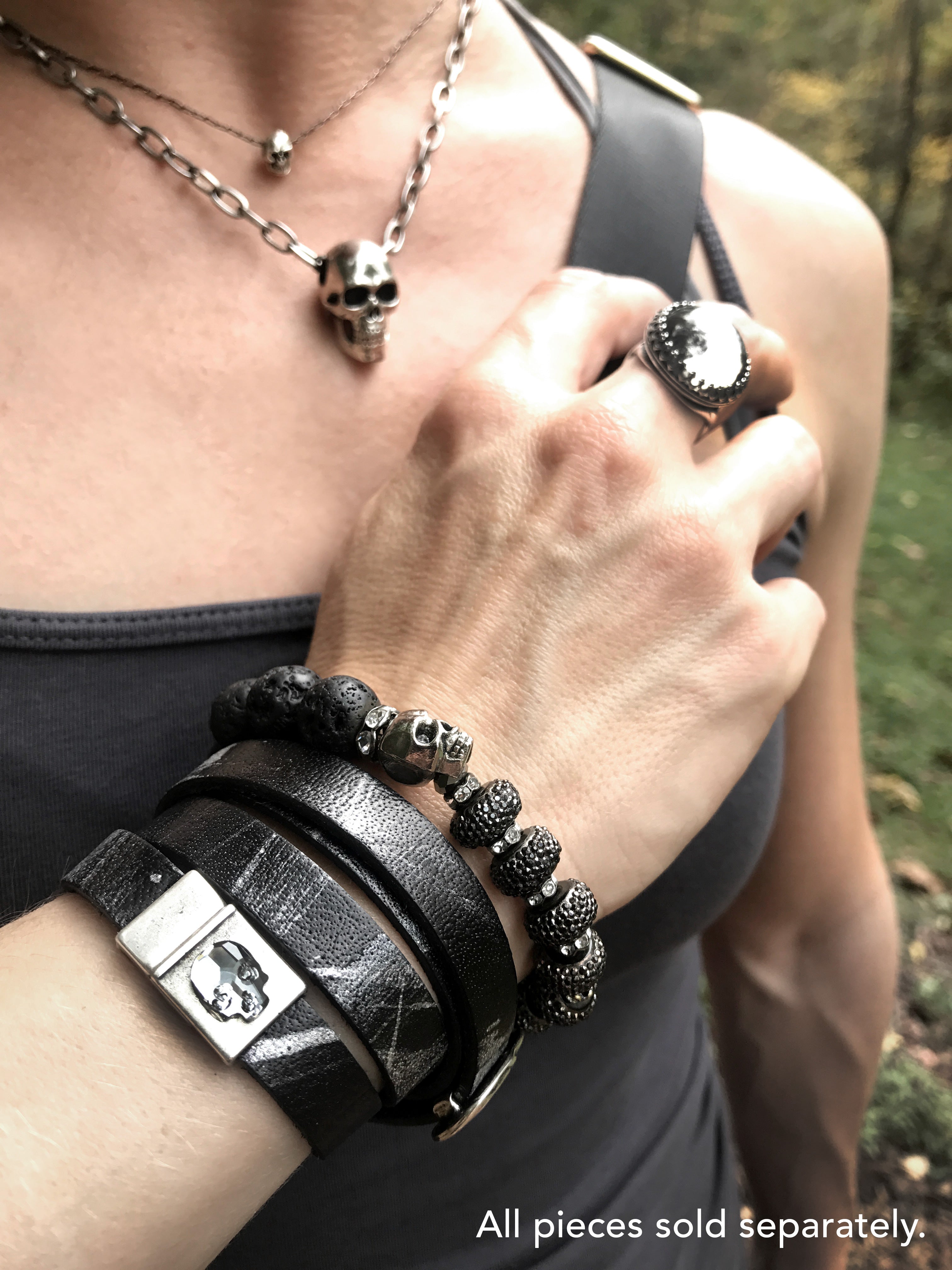 Silver Skull Bracelet with Black Lava Beads
