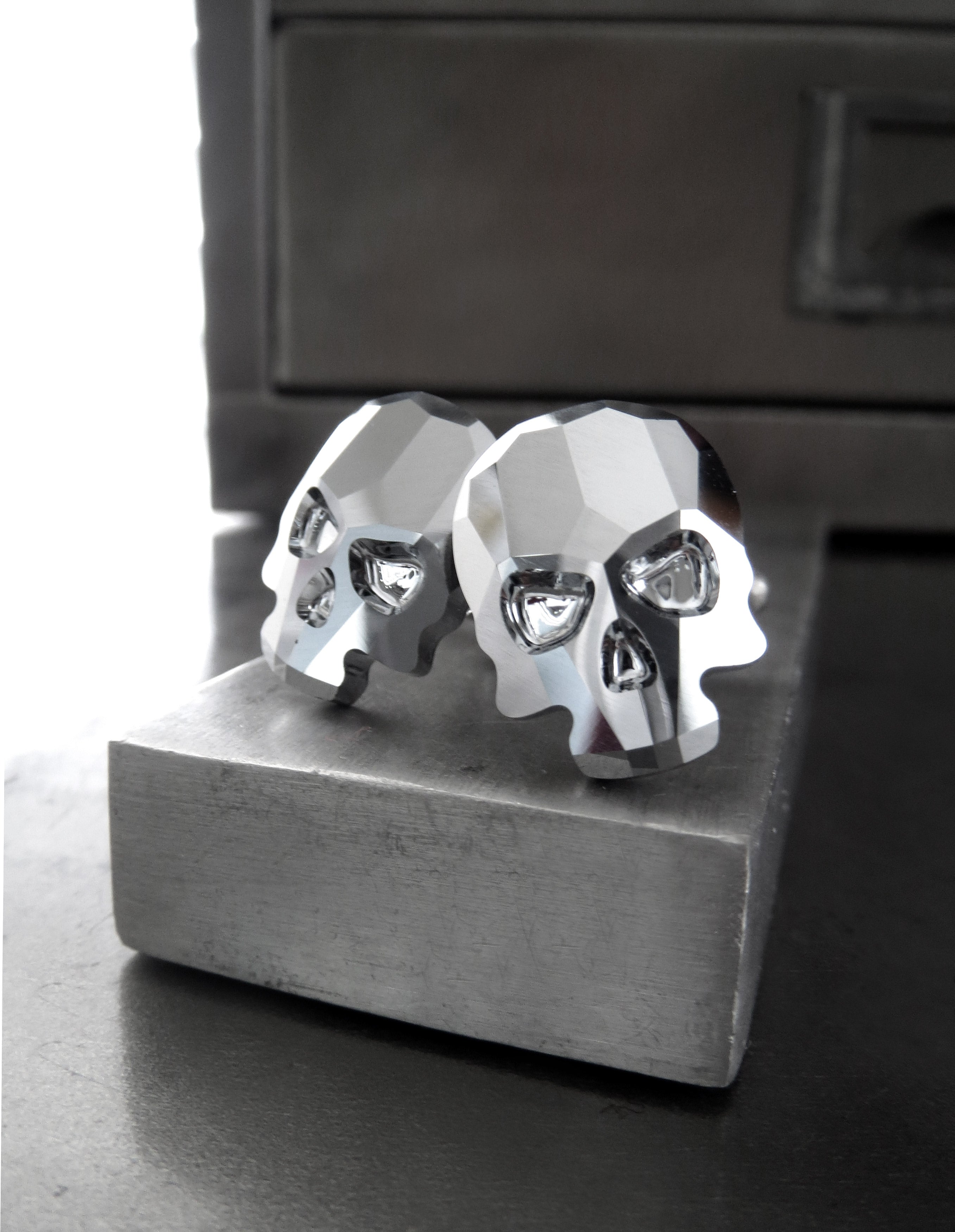 Silver Skull Cufflinks with Metallic Chrome Crystal