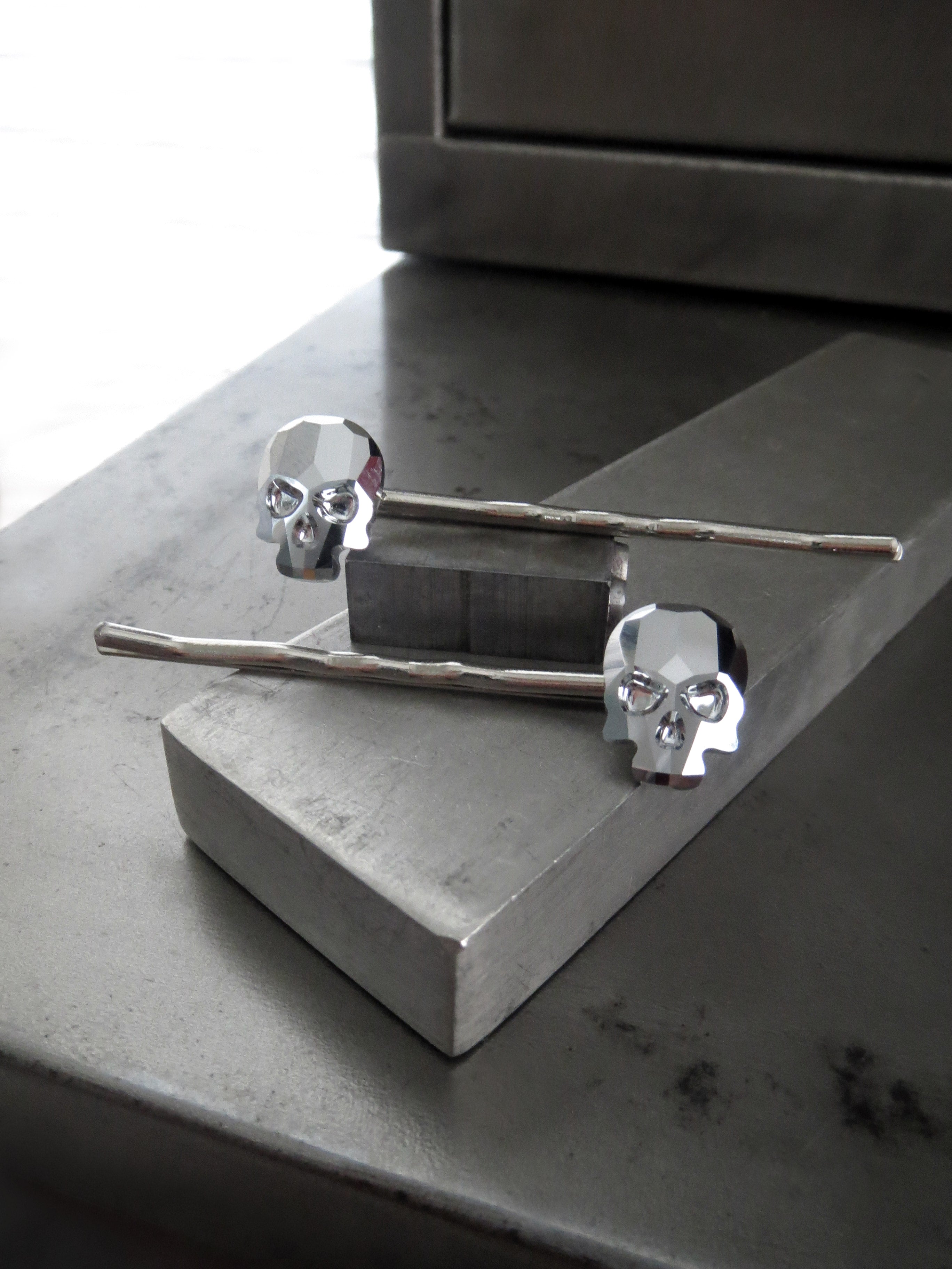 Crystal Skull Bobby Hair Pins - Silver Chrome Color, Set of 2