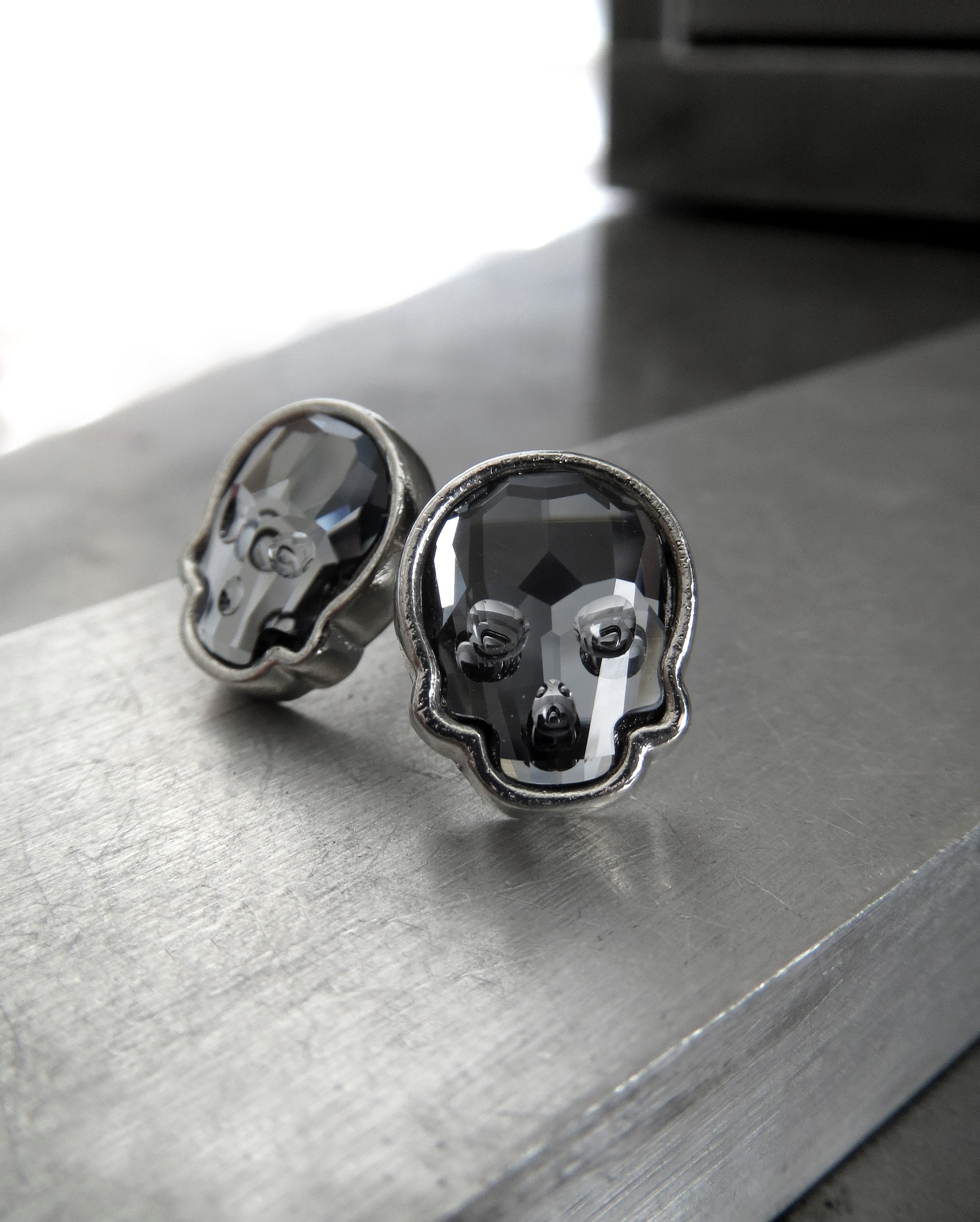 Crystal Skull Stud Earrings - Midnight Black with Silver