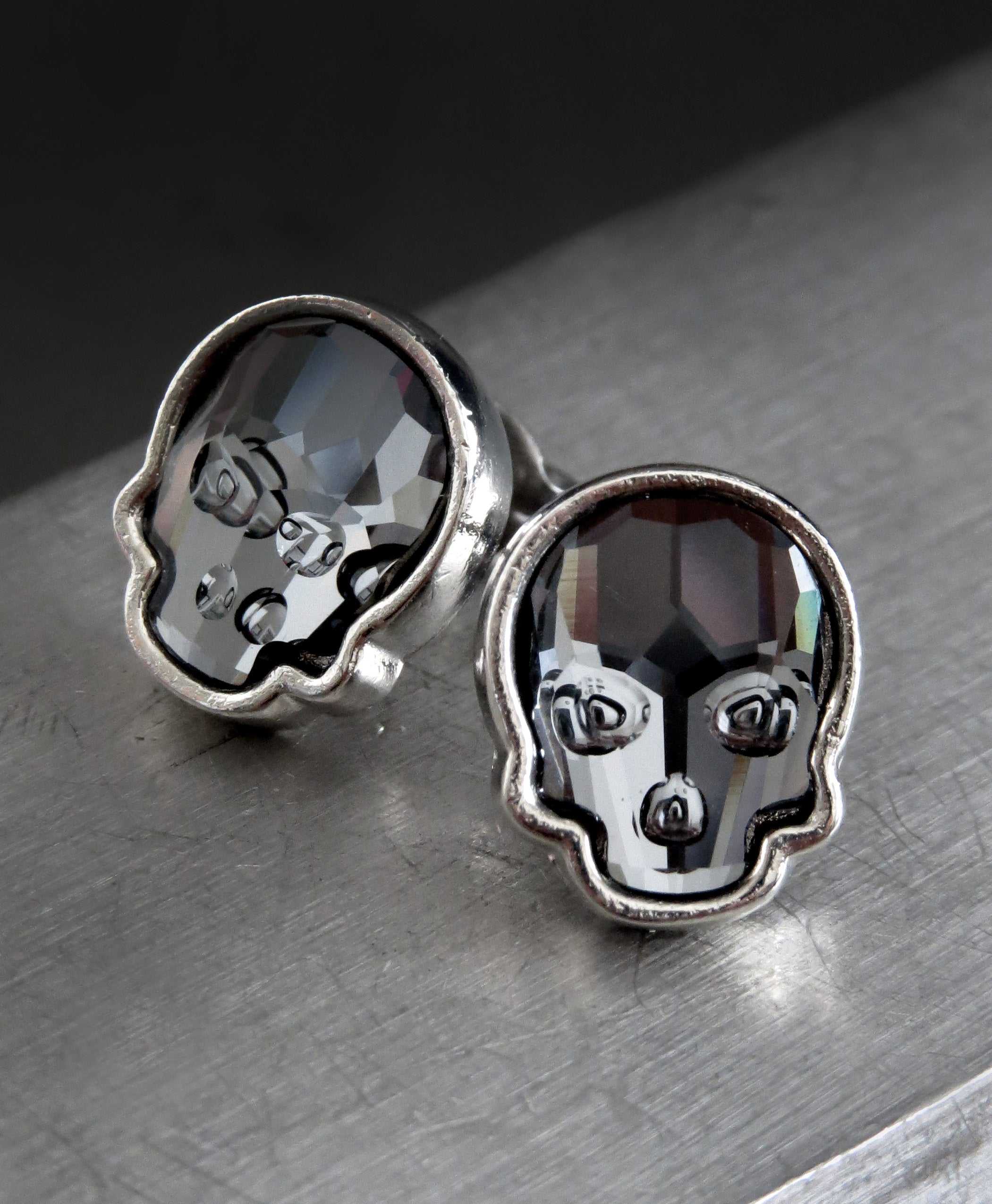 Crystal Skull Stud Earrings - Midnight Black with Silver