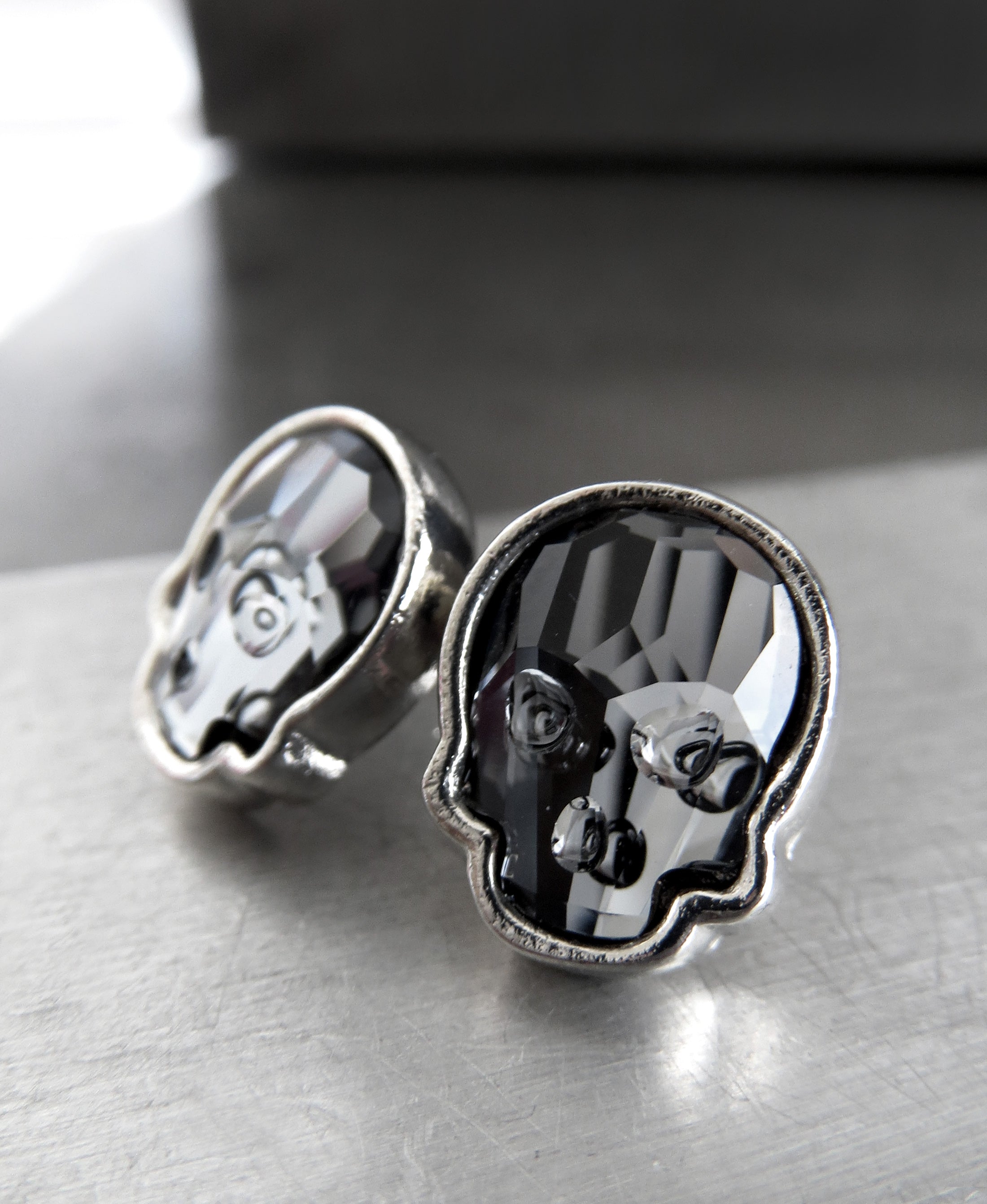 Crystal Skull Stud Earrings - Midnight Black with Silver